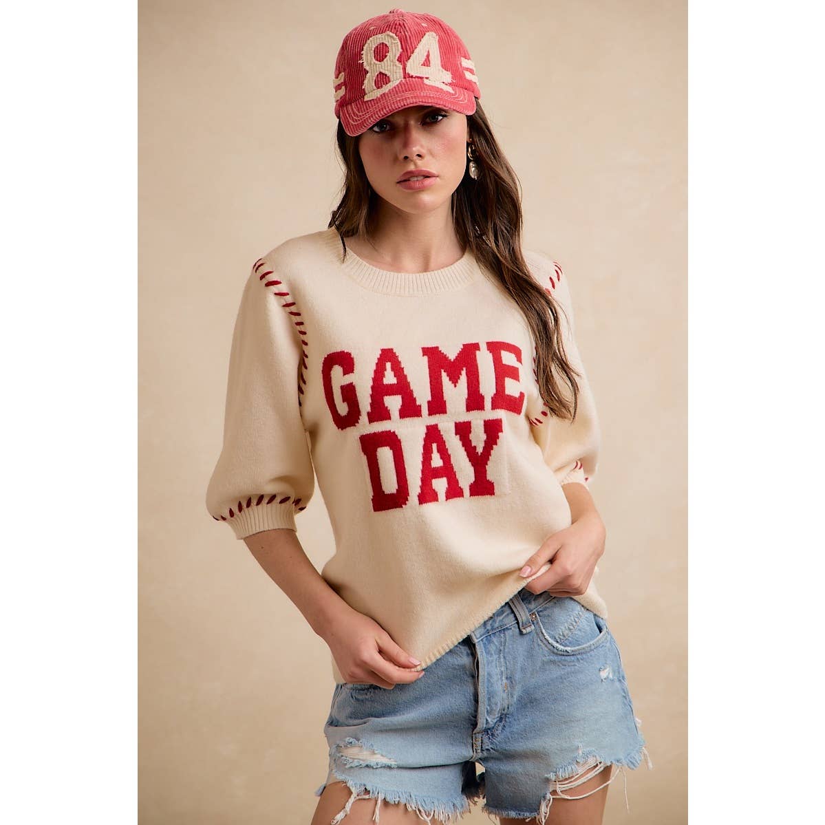 GAMEDAY THEME STITCH DETAIL PUFF SLEEVES KNIT TOP