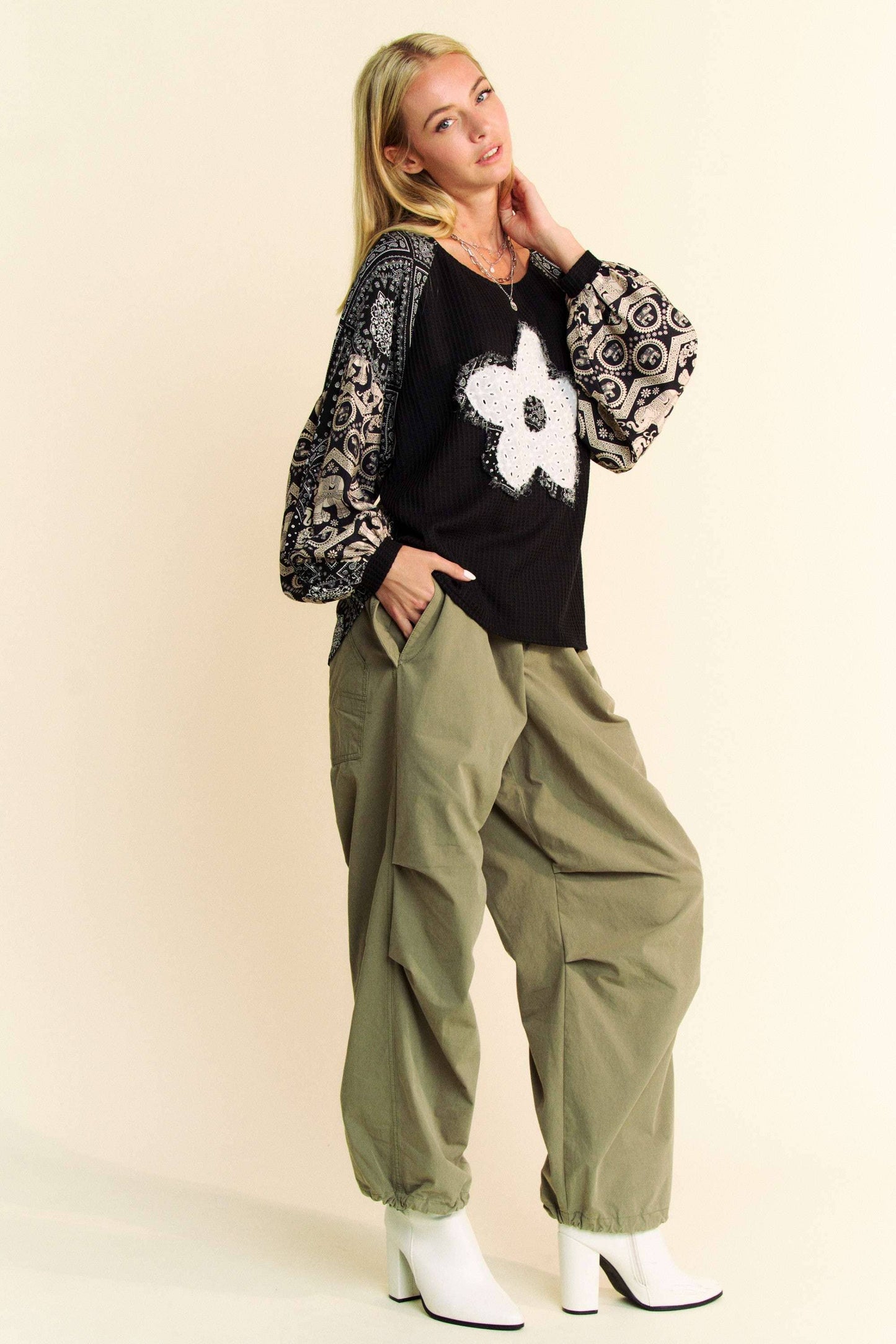 Boho Flower Patchwork Balloon Waffle Knit Top