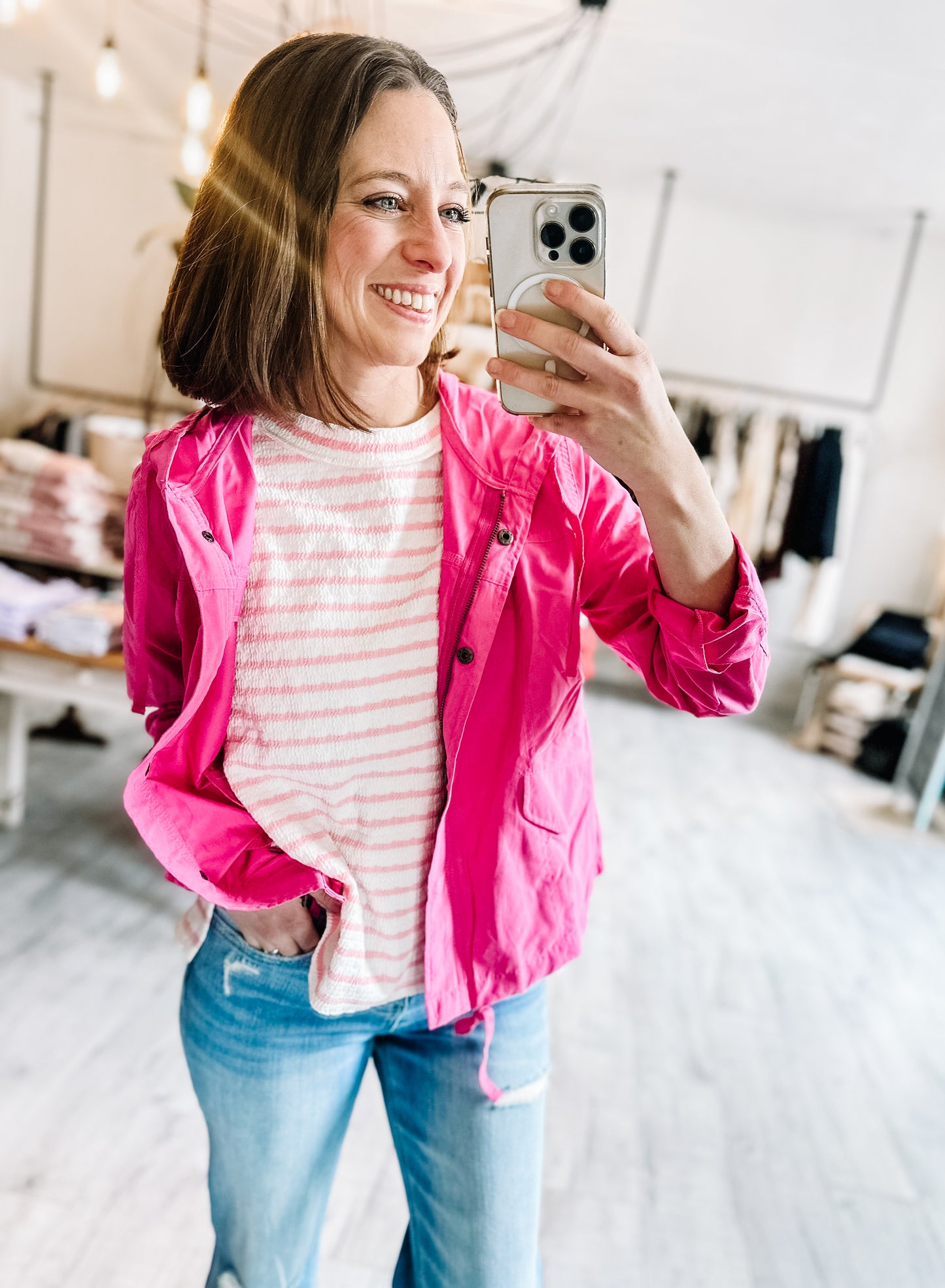 Snap Button Zip Up Hooded Jacket in Fuchsia Pink