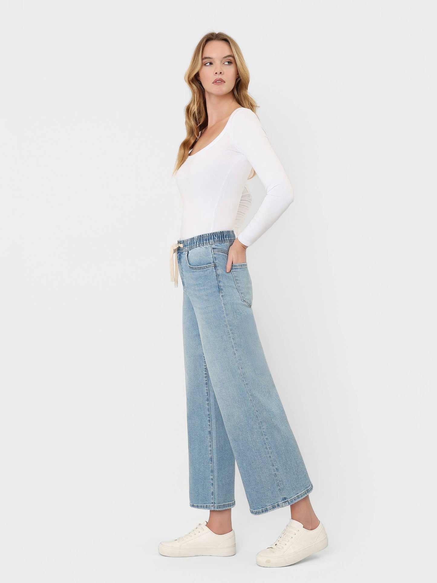 Super High Rise Elastic Crop Wide Denim by Lovervet