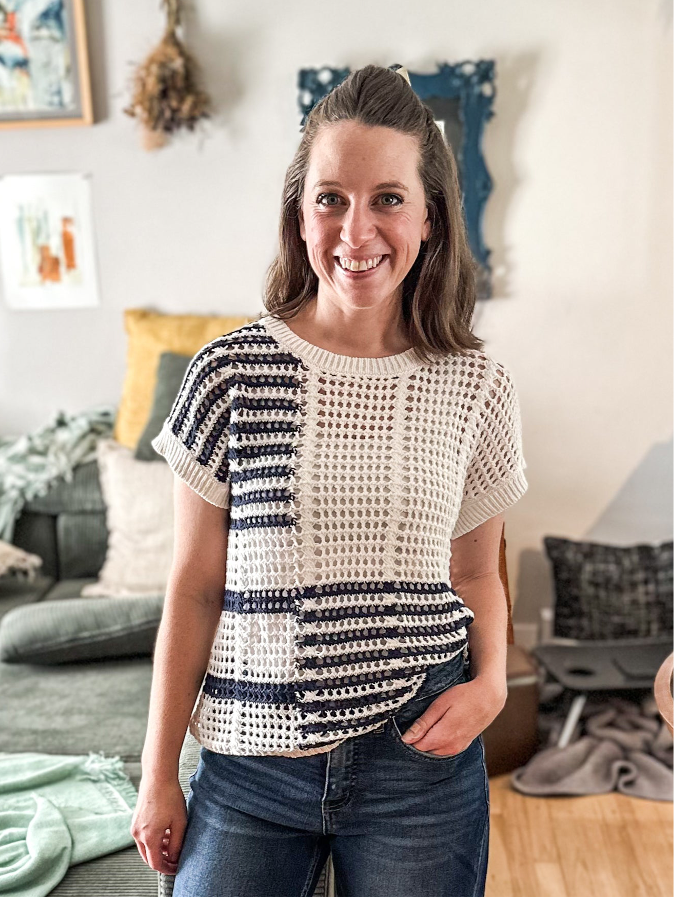 Multi Stripe Short Sleeve Crochet Knit Top in Navy