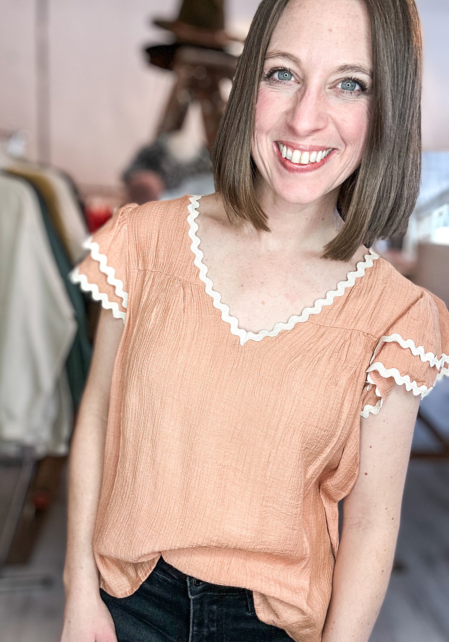 Wavy Trim Ruffle Sleeve Blouse in Dusty Peach