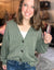 Solid Rib Drop Shoulder Button Balloon Sleeve Cardigan in Olive