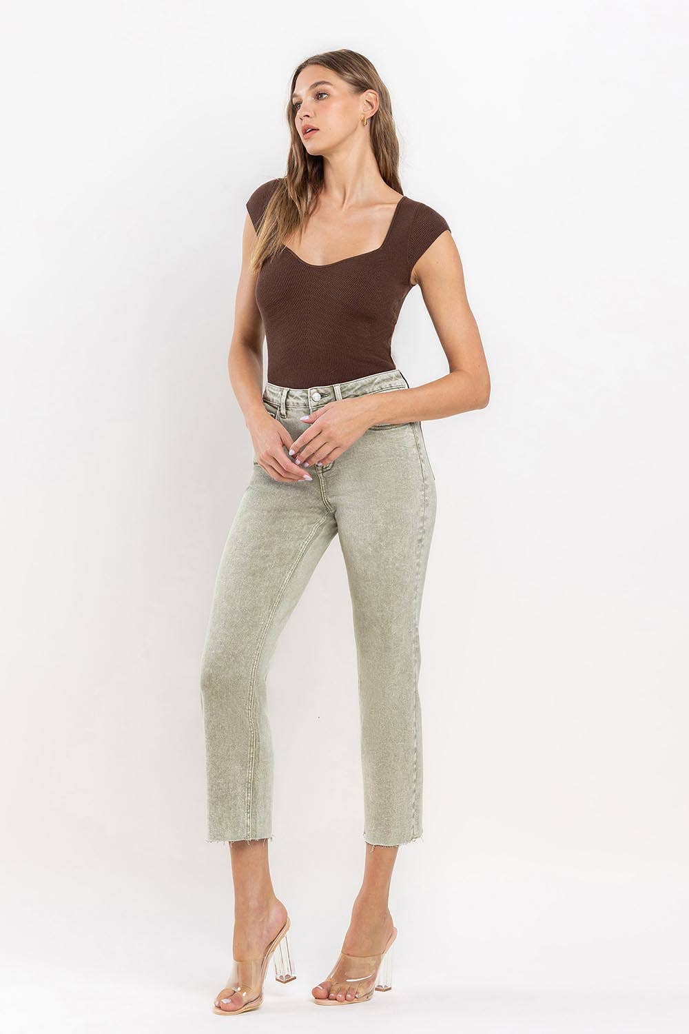 High Rise Stretch Straight in Light Olive Grey by Lovervet