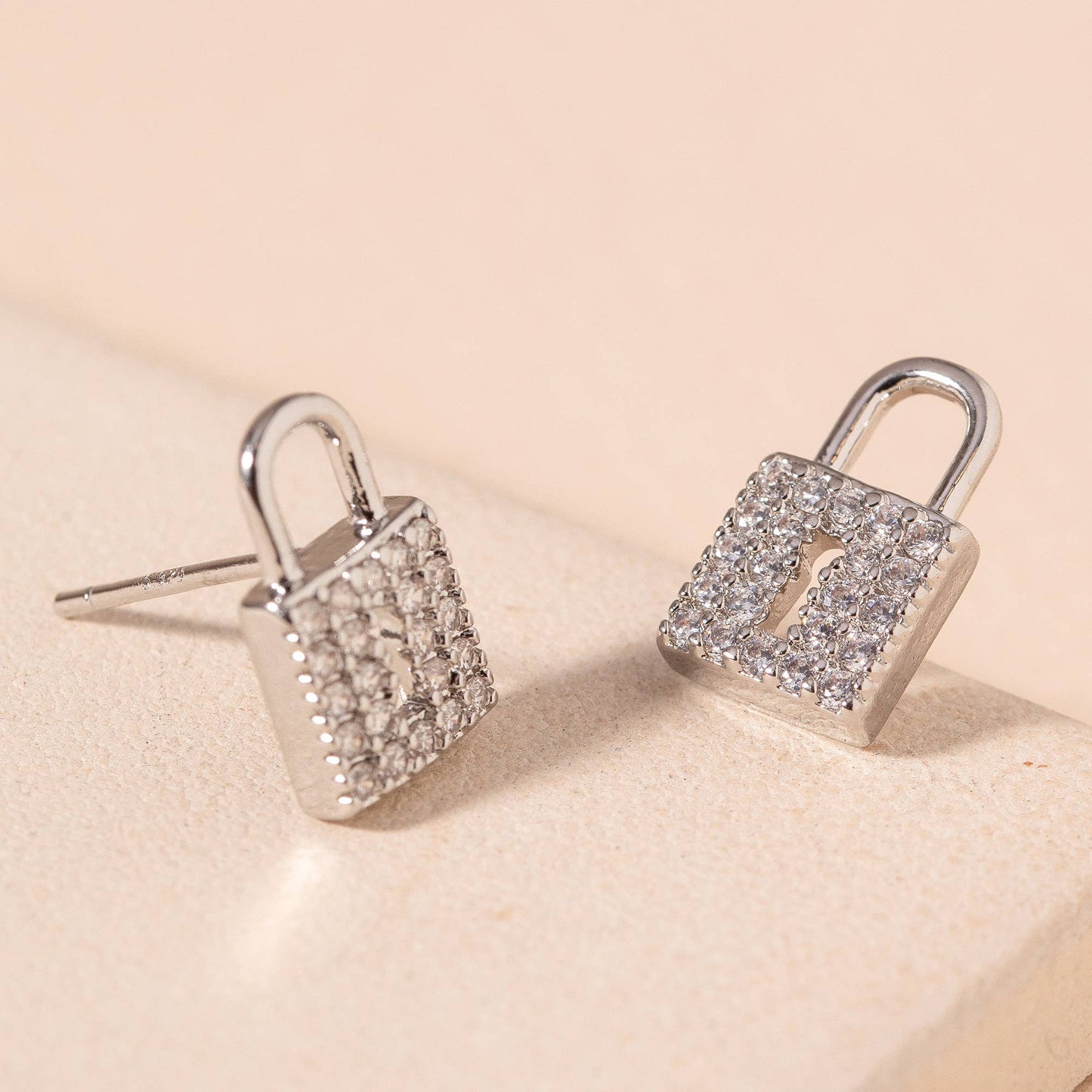 Lock Stud Earrings: Rhodium & Cubic Zirconia