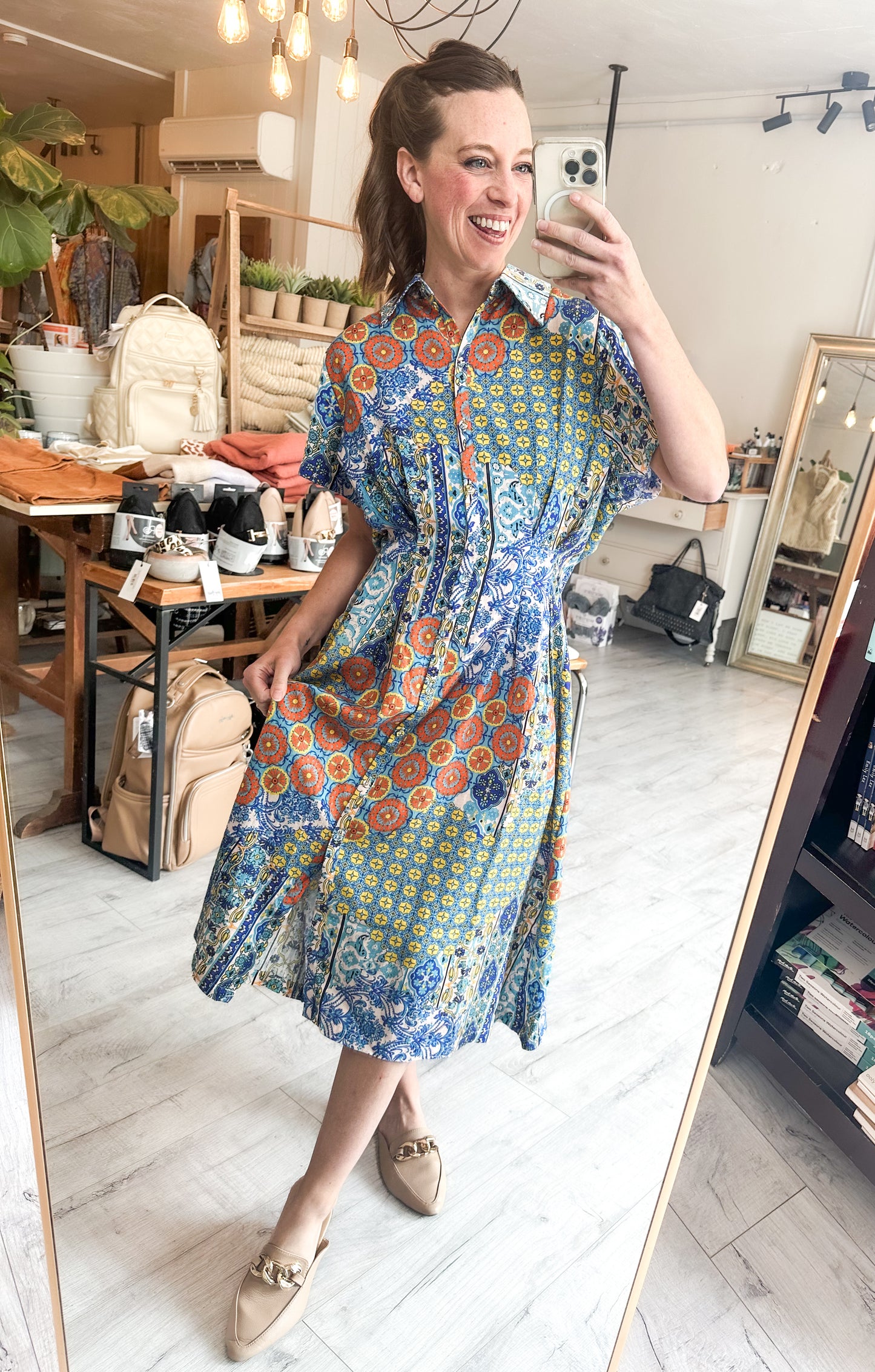 Pleated Waist Button Down Midi Shirt Dress in Blue & Coral