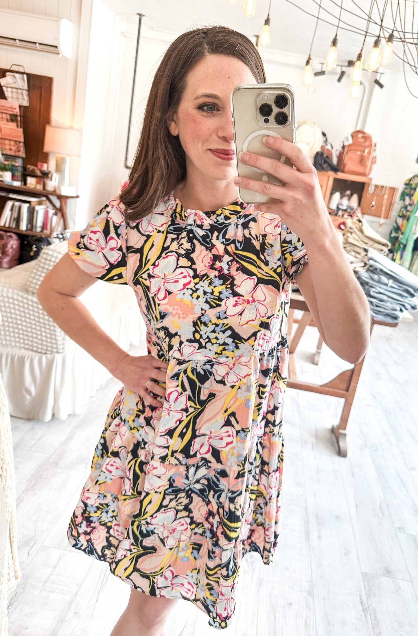 Always Be There Floral Ruffle Mock Neck Dress