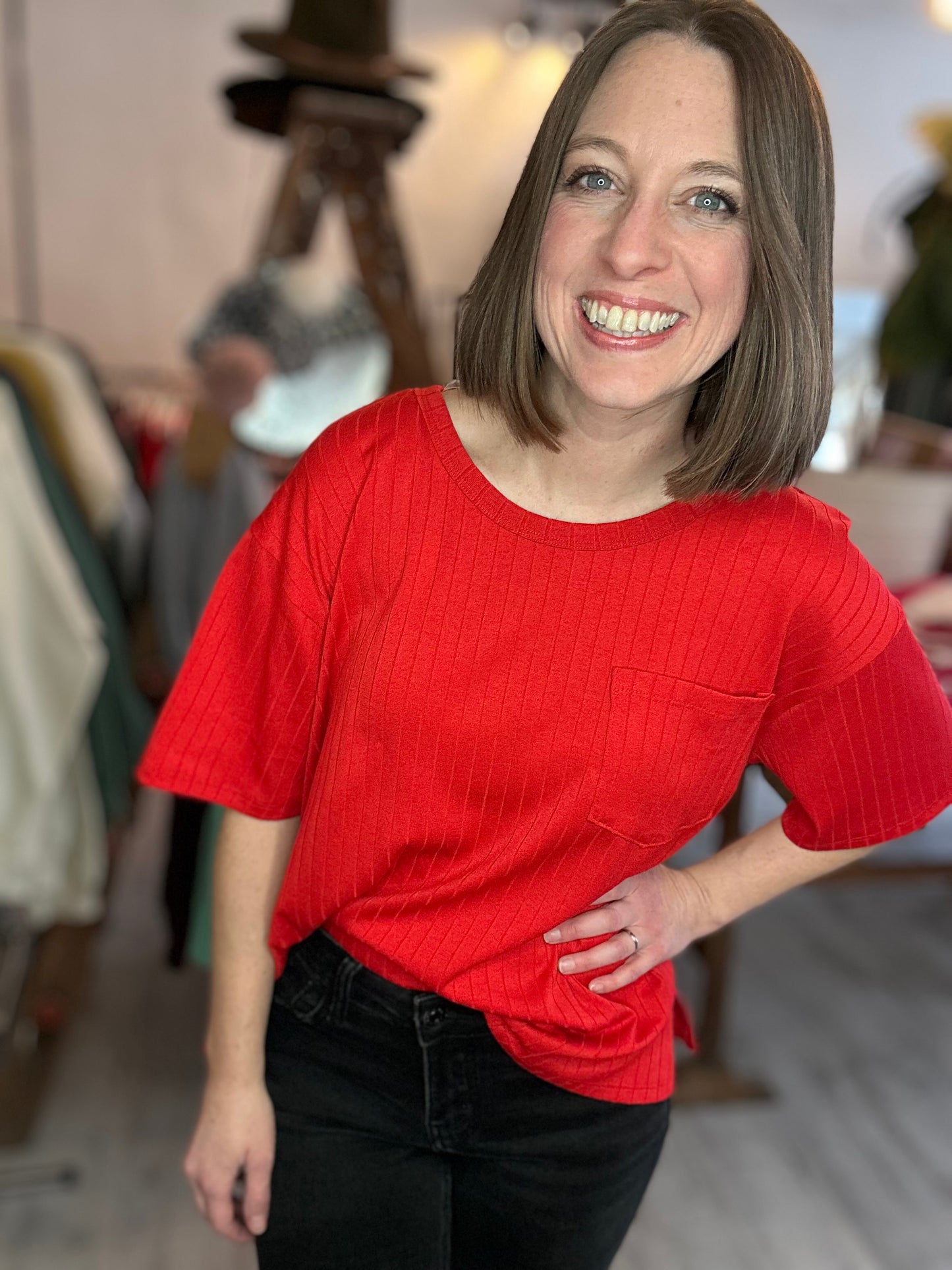 Ribbed Boyfriend Style Oversized Top in Ruby Red