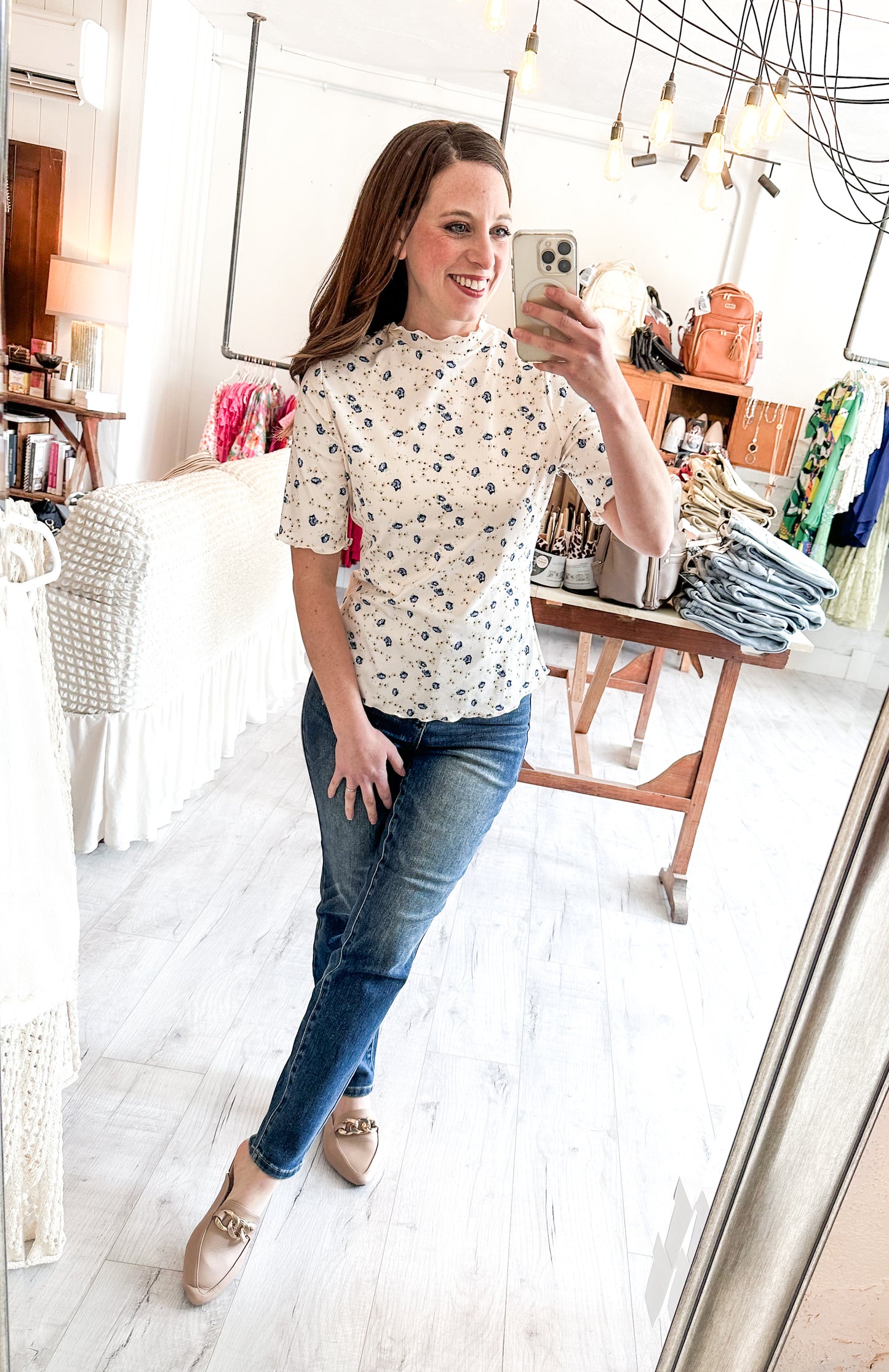 Ribbed Knit Floral Top in Cream and Blue