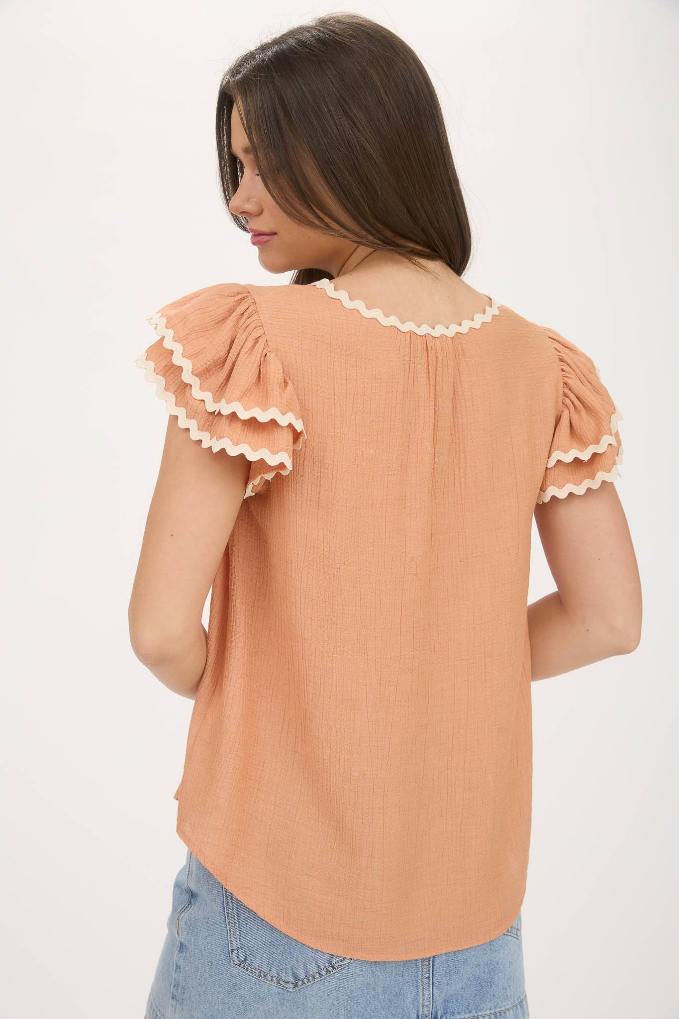 Wavy Trim Ruffle Sleeve Blouse in Dusty Peach