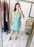 Square Neck Ruffle Print Dress in Aqua Emerald