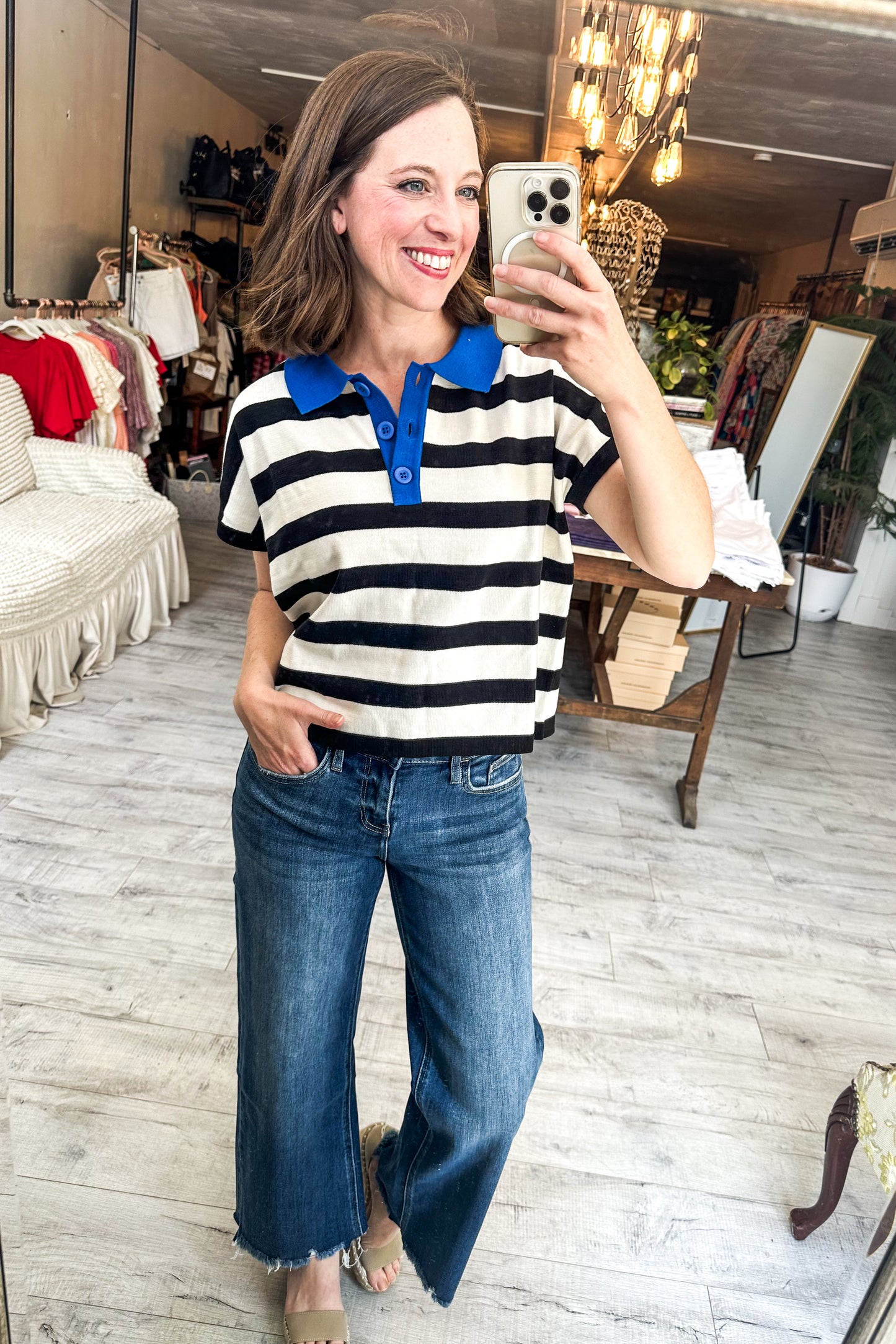 Promenade Black and White Striped Sweater Polo Pullover