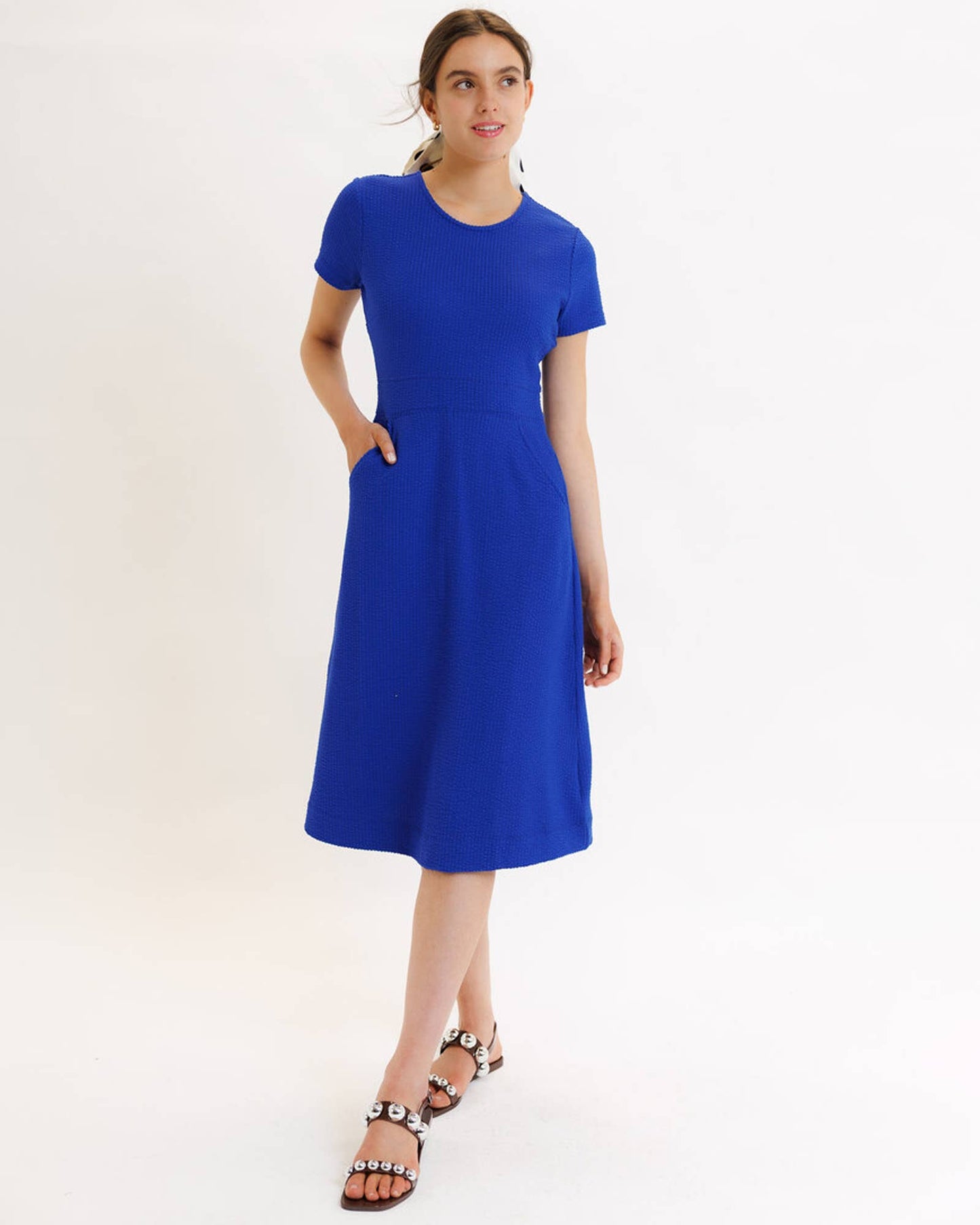 Say Oui! Royal Blue Short Sleeve Ribbed Knit Midi Dress