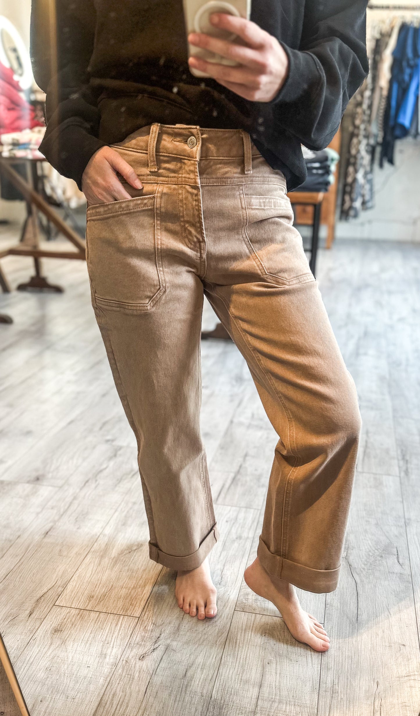 High Rise Tab Wide Denim in Warm Taupe by Flying Monkey
