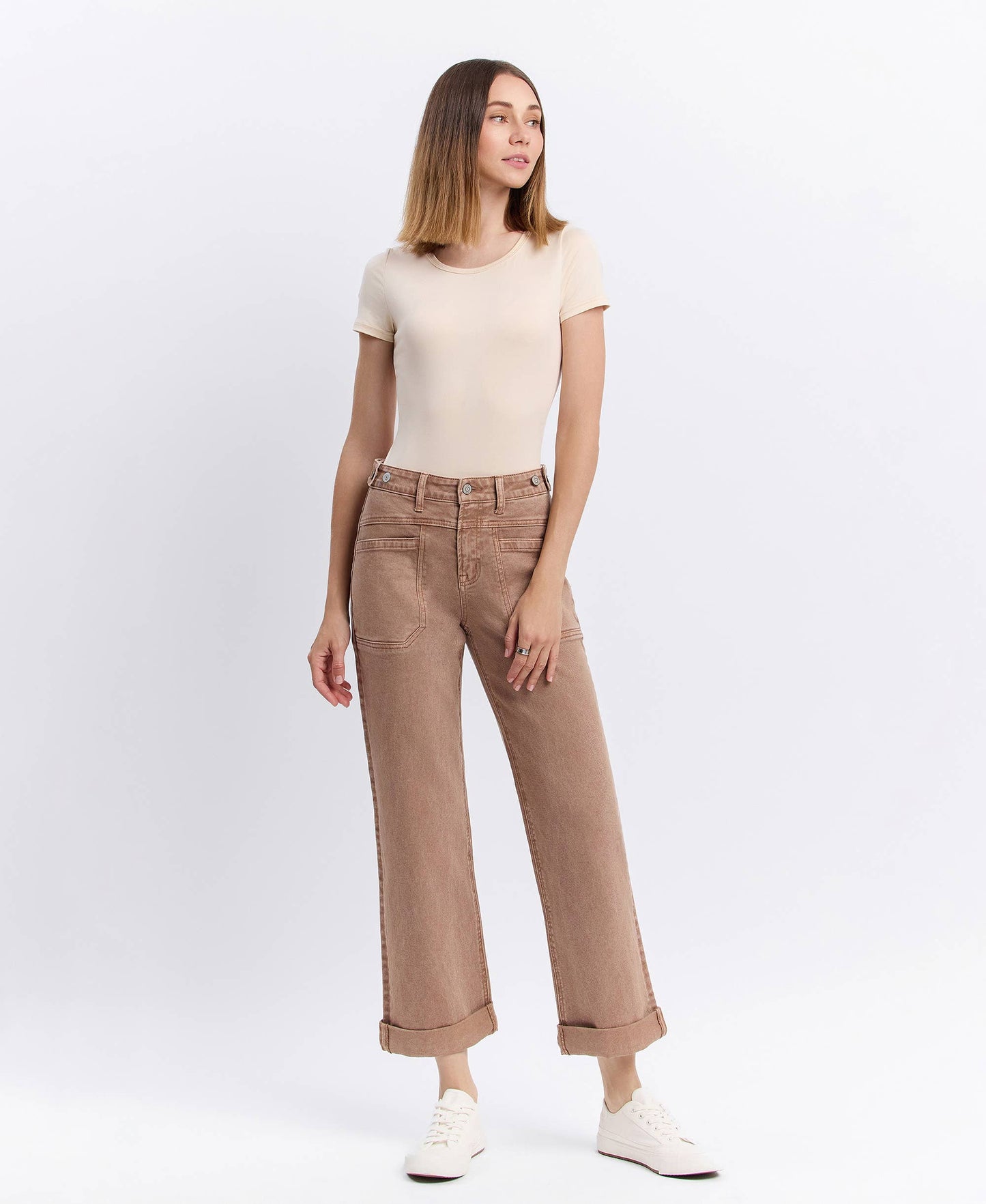 High Rise Tab Wide Denim in Warm Taupe by Flying Monkey