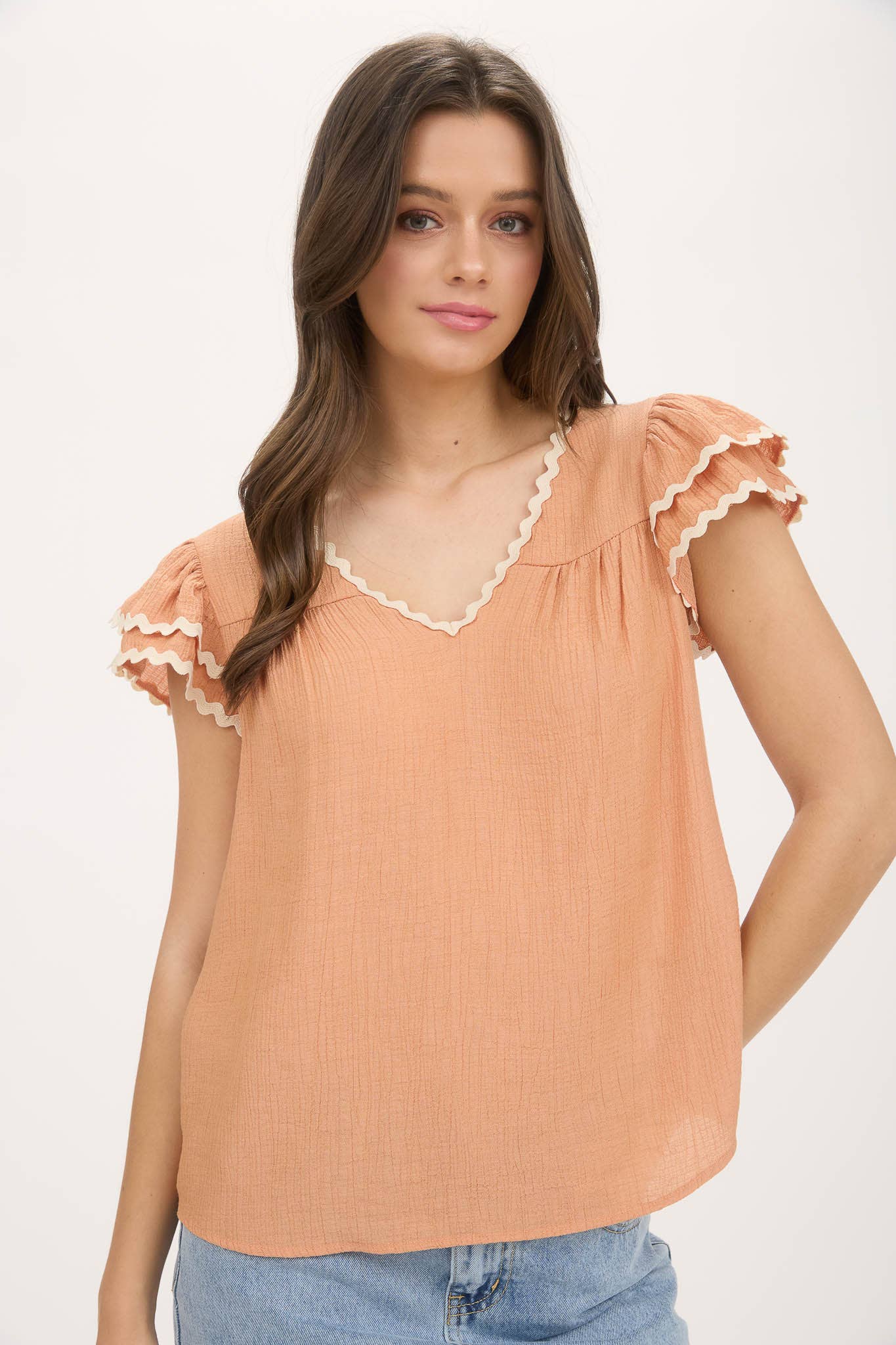 Wavy Trim Ruffle Sleeve Blouse in Dusty Peach