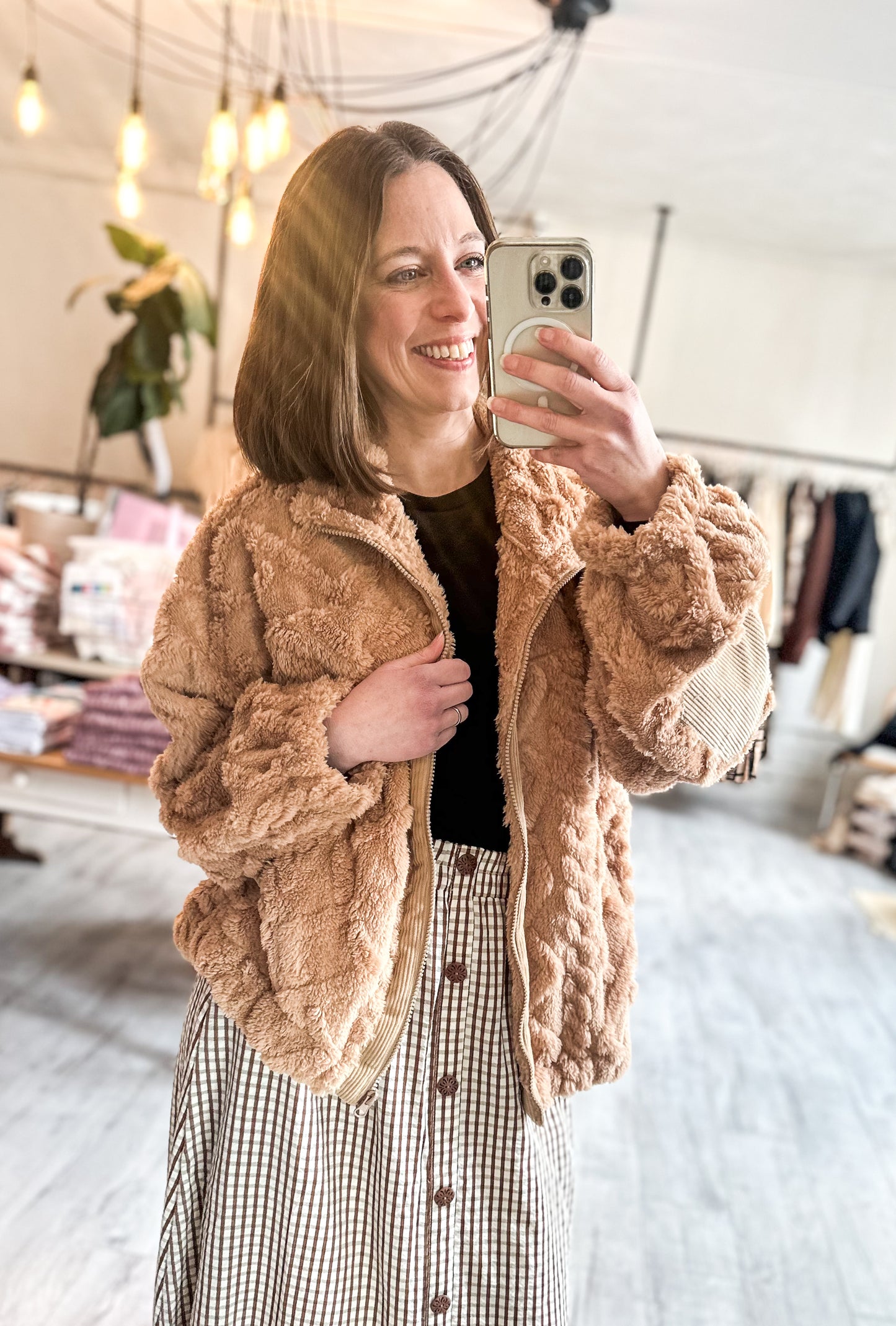 Fuzzy Fleece Cable Pattern Zip Up Jacket in Caramel Mocha