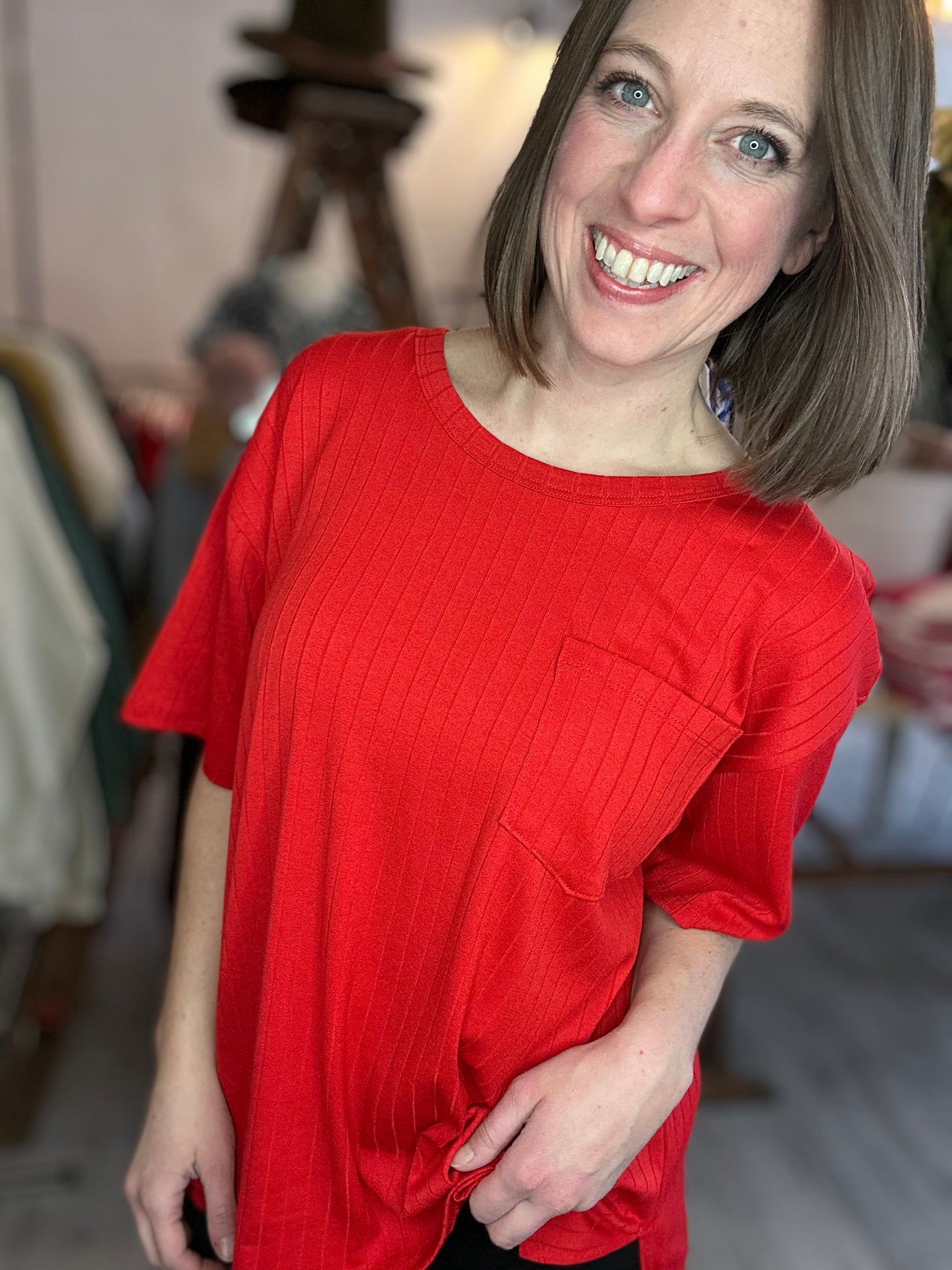 Ribbed Boyfriend Style Oversized Top in Ruby Red