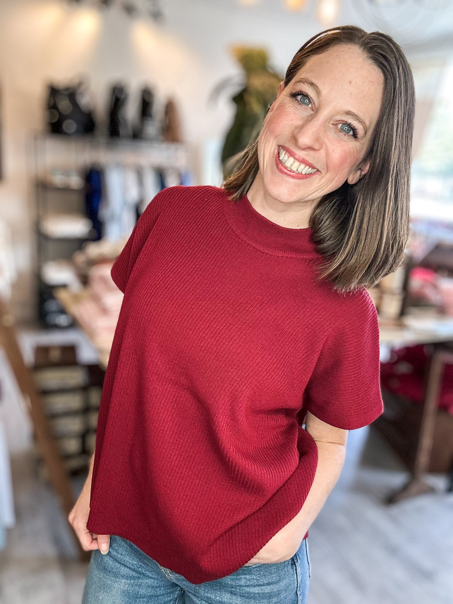 Mock Neck Short Sleeve Sweater in Cabernet