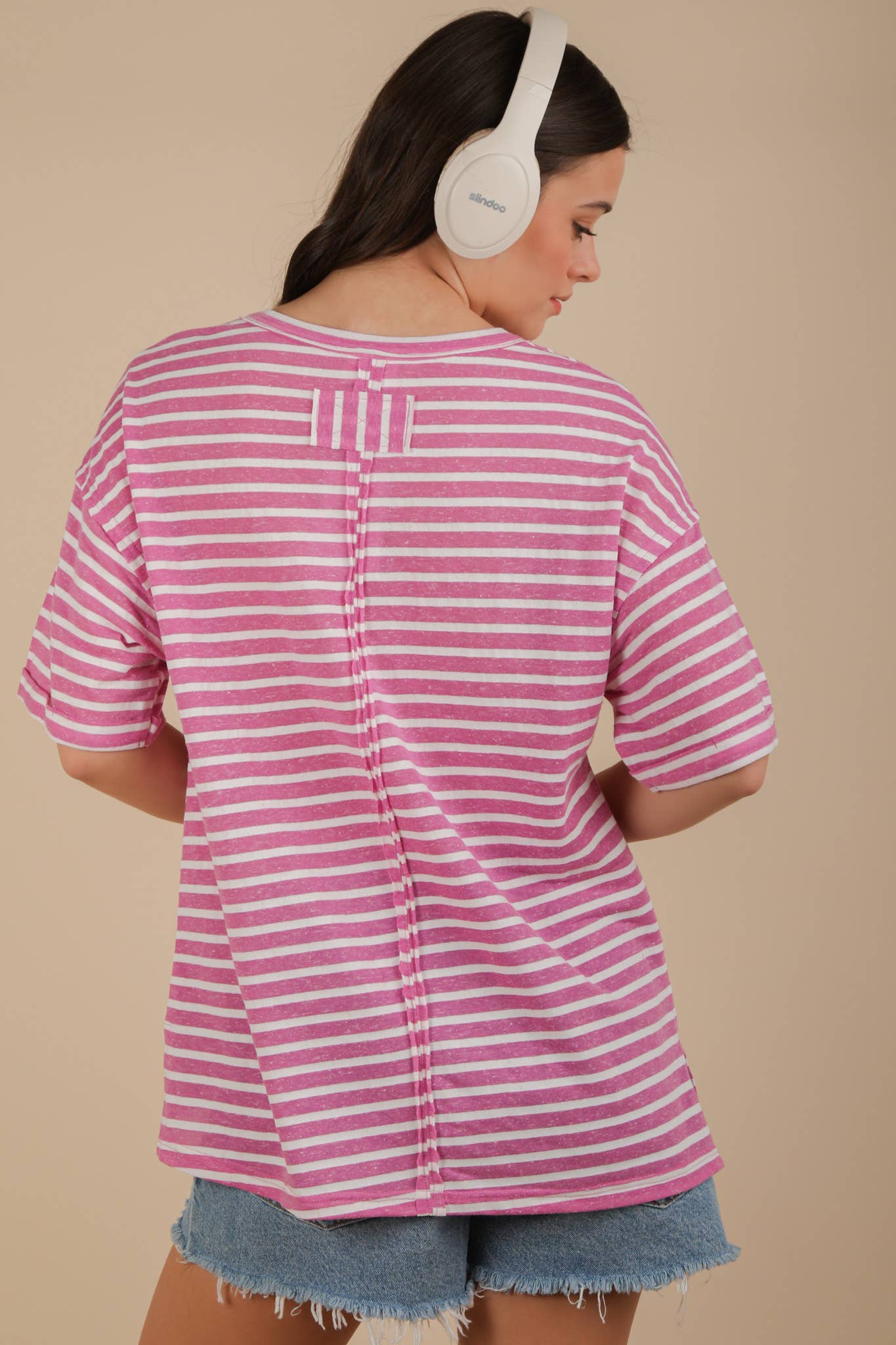 Oversized Stripe Casual V-Neck Knit Top in Orchid
