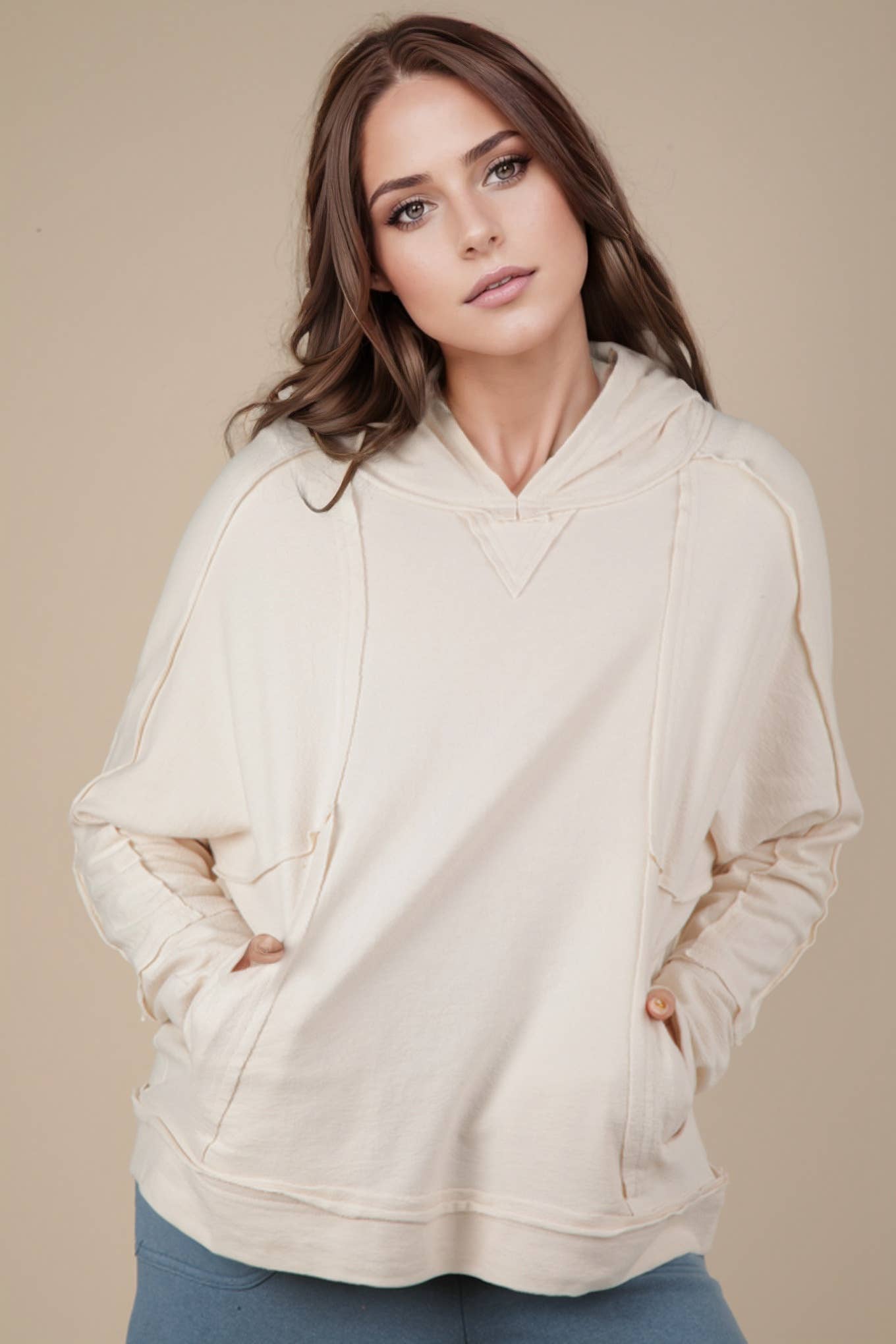 Raw Edge Cute Detail Hoodie Knit Top in Oatmeal