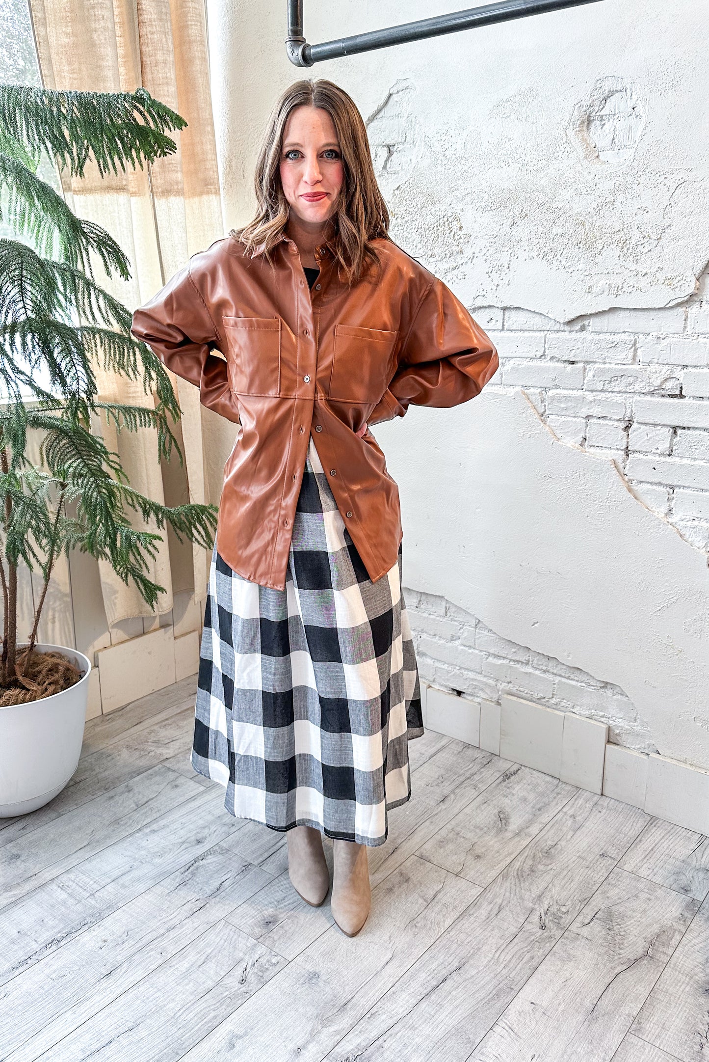 Faux Leather Button Down in Rich Cognac