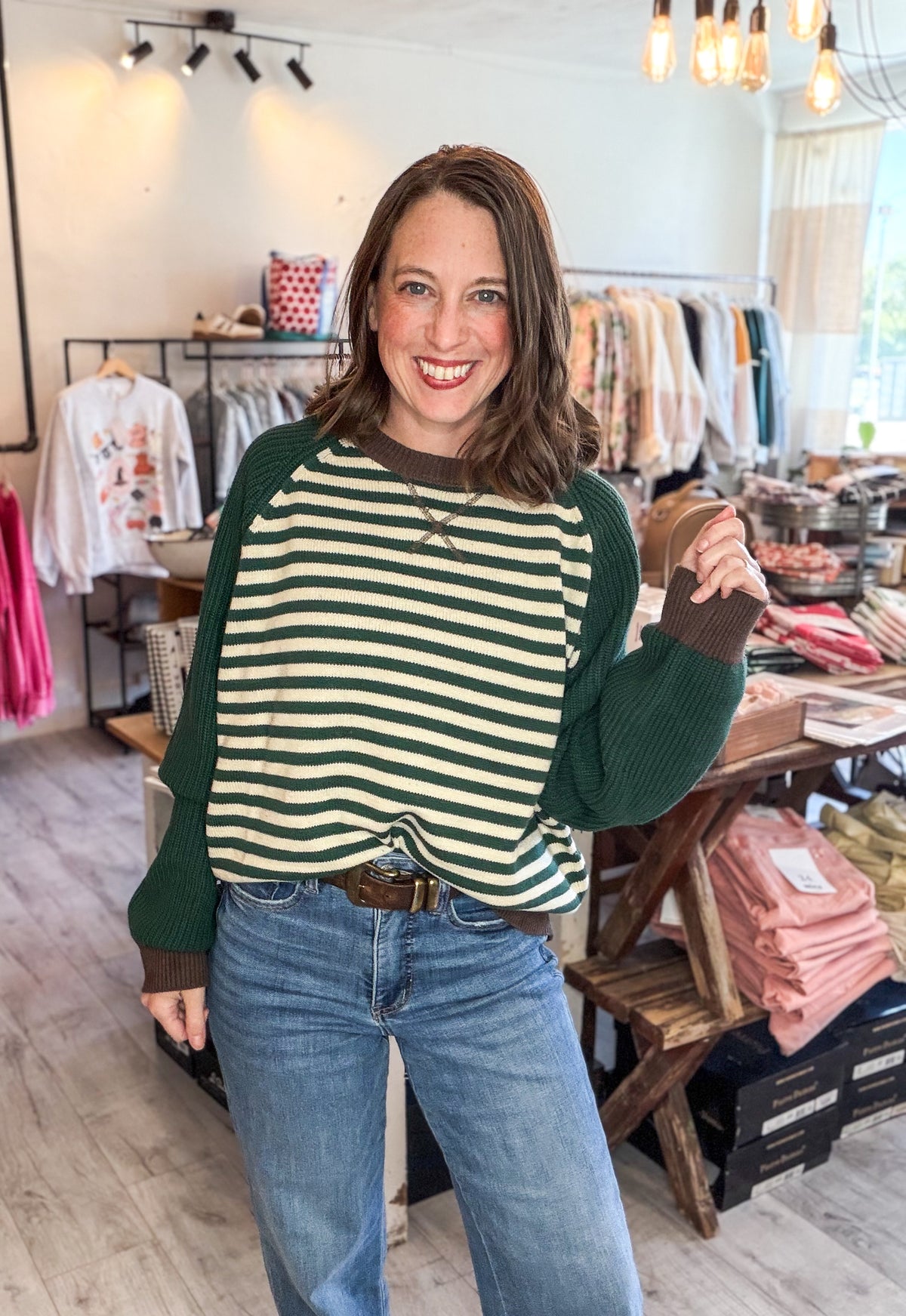STRIPED COLORBLOCK RAGLAN LONG SLEEVE CREW SWEATER