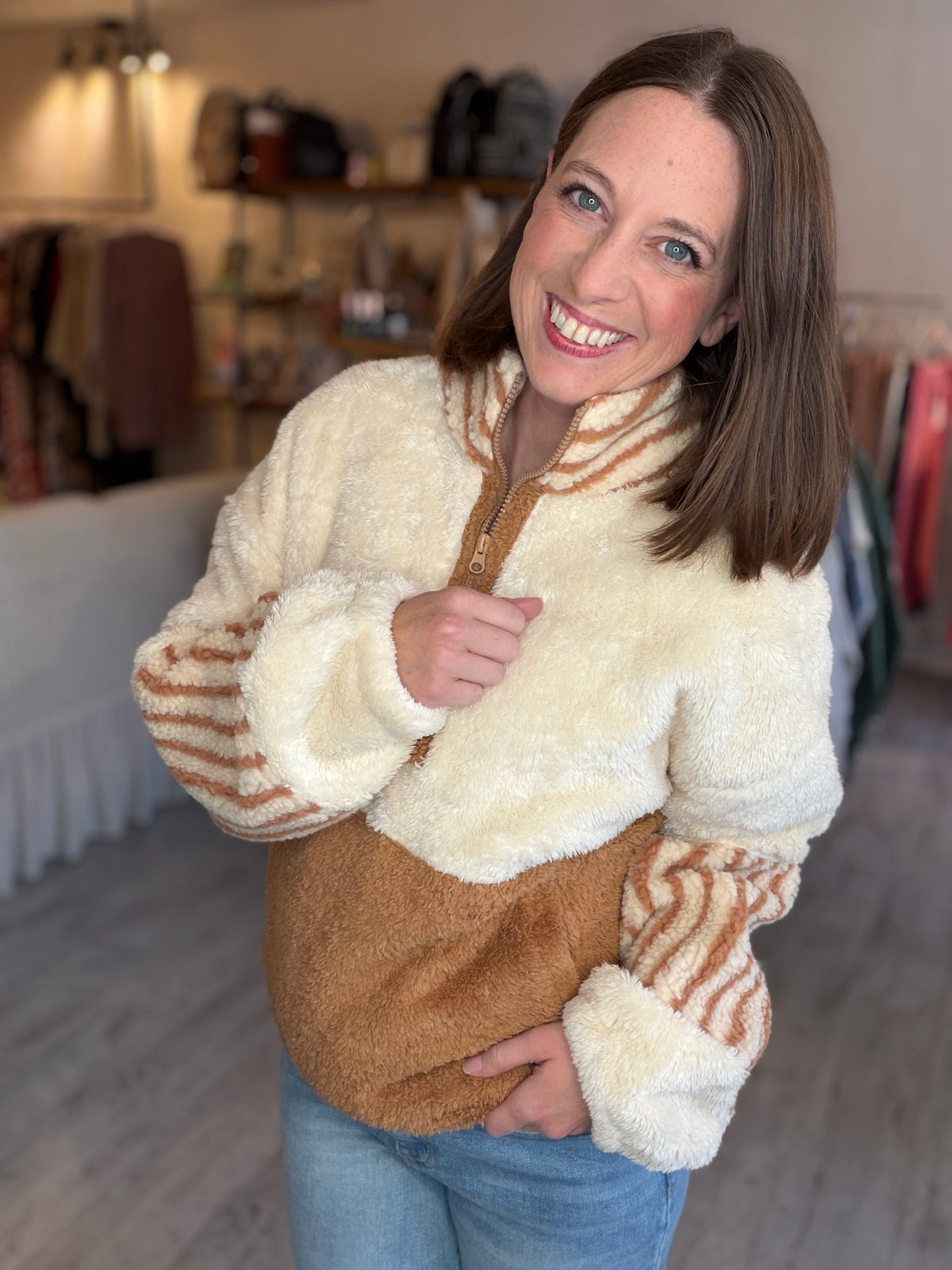 Color Block Sherpa Half-Zip Pullover in Taupe & Cream