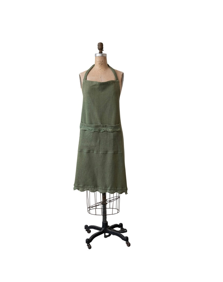 Cotton Waffle Weave Apron w/ Pockets & Crochet Lace Trim in Olive