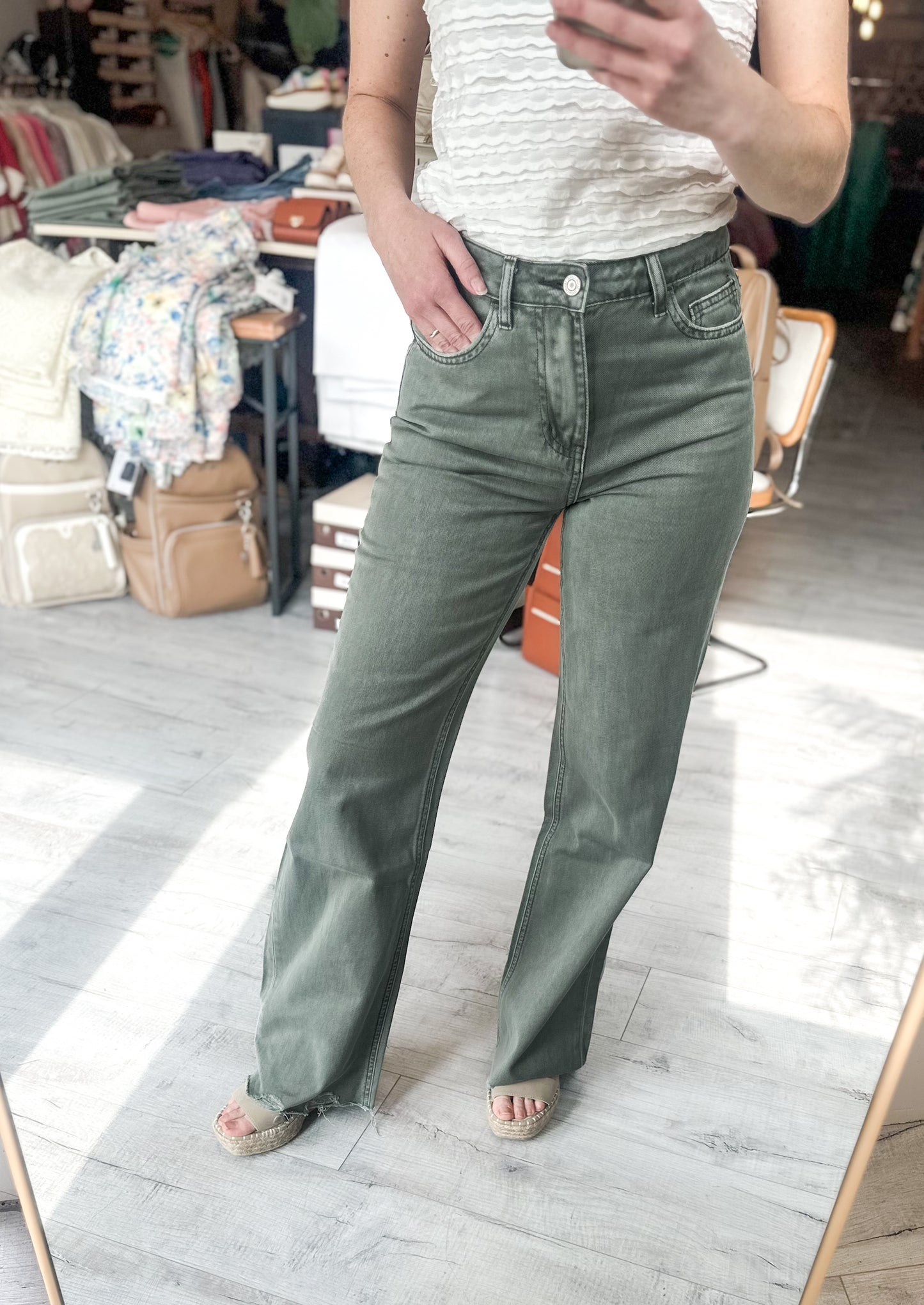 90'S Vintage Super High Rise Flare Jean in Thyme by Vervet