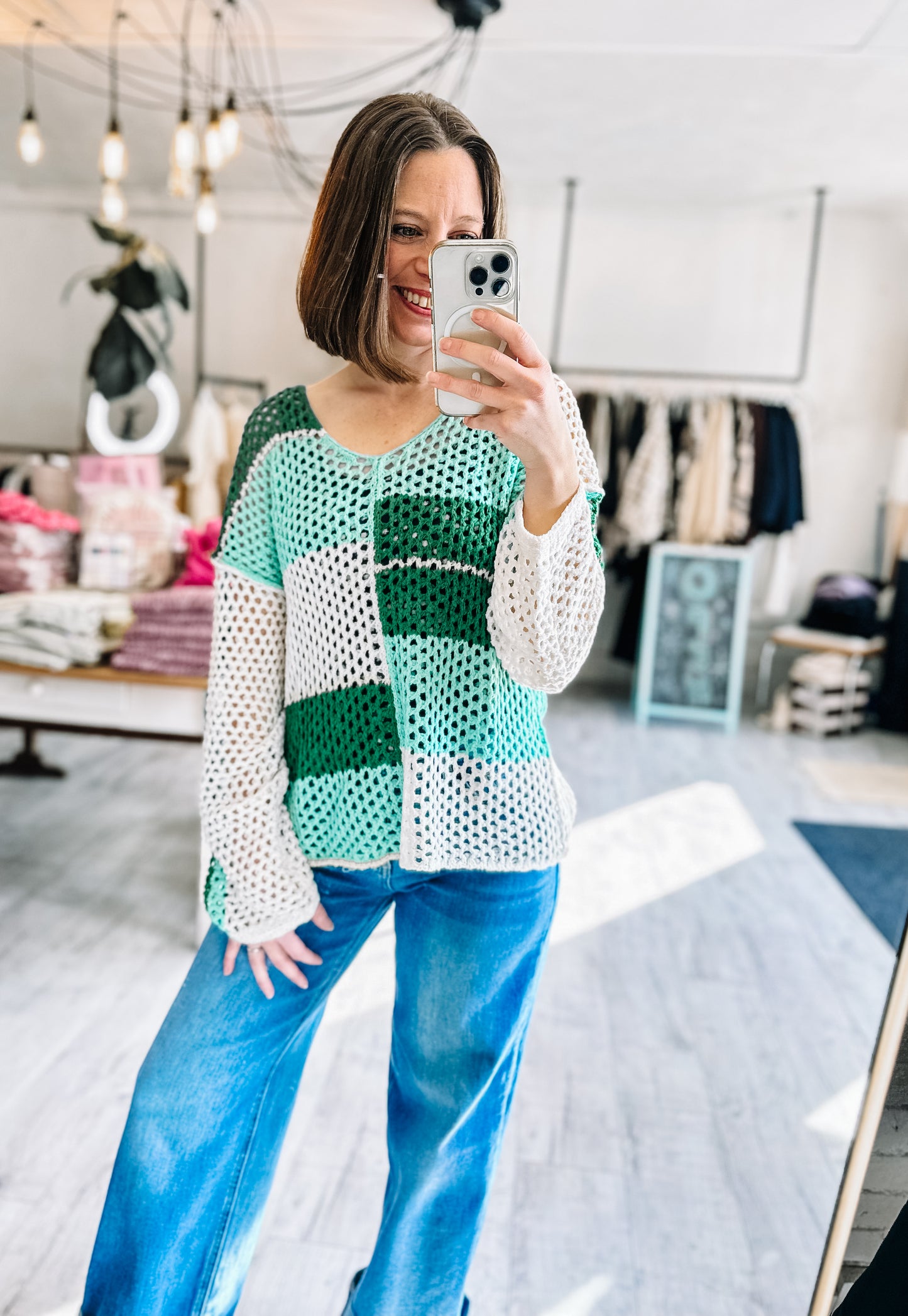 Color Block Oversized Summer Knit Sweater Top in Mint Green