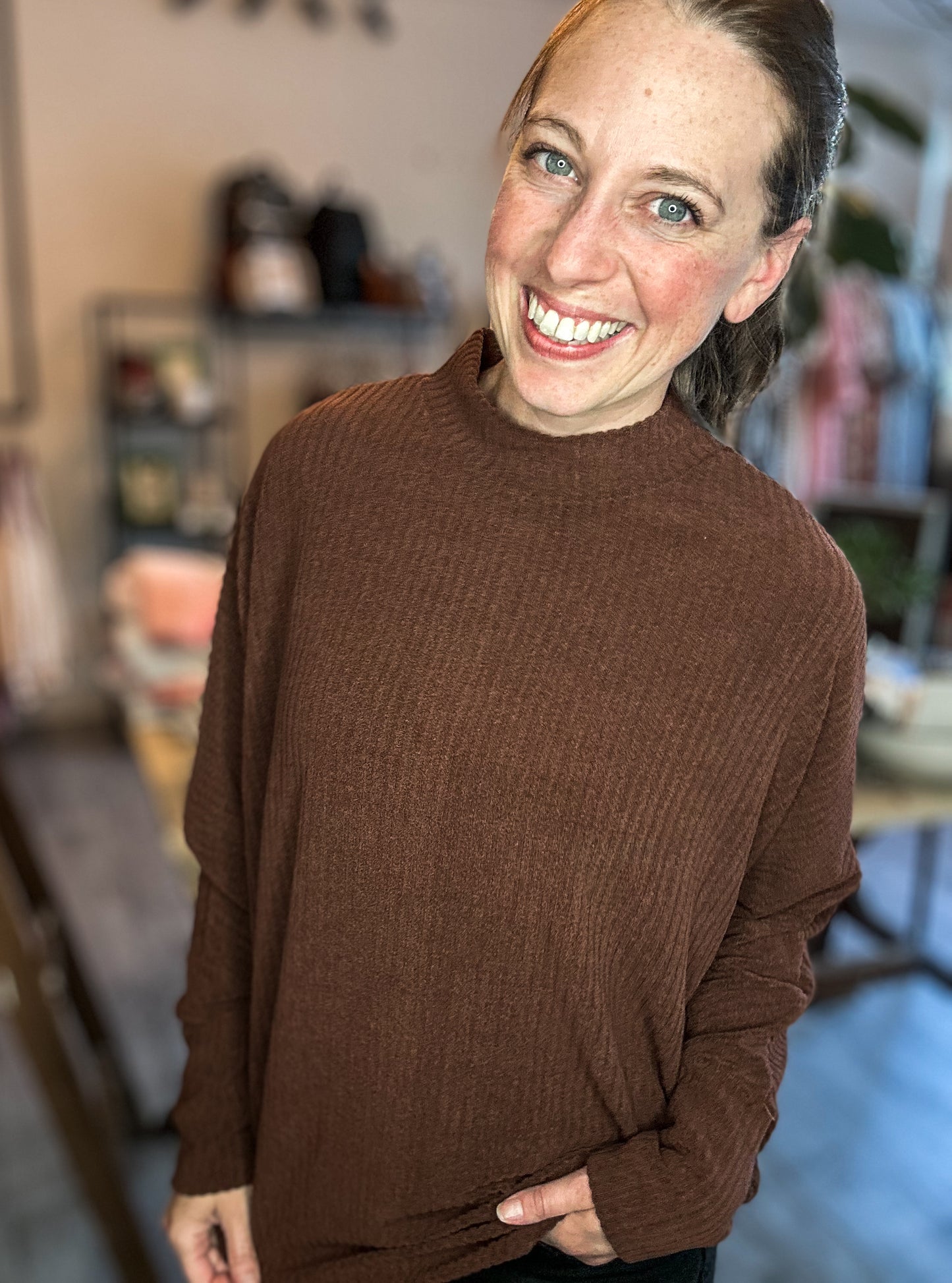 Cozy Women's Rib Top in Chestnut Brown