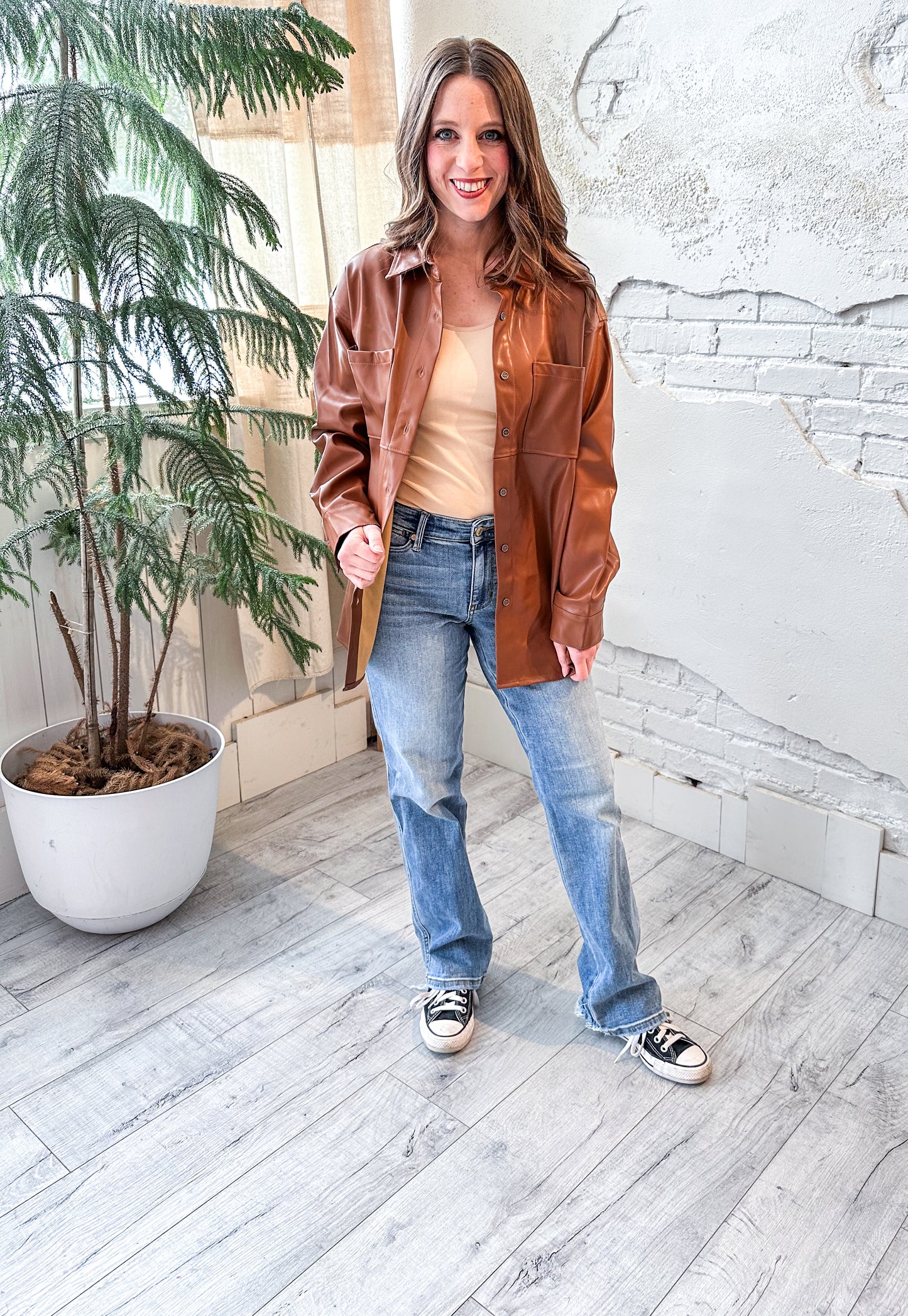 Faux Leather Button Down in Rich Cognac