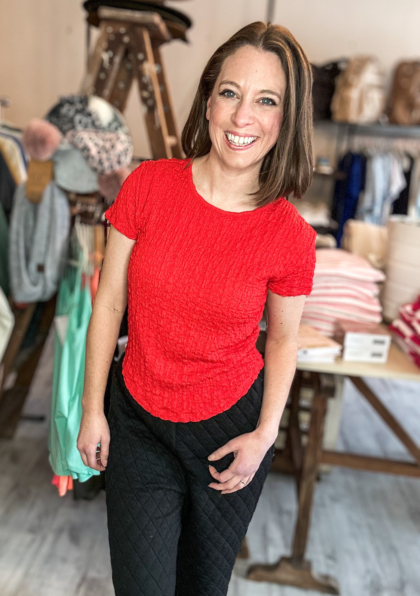 Popcorn Textured Short Sleeve Knit Top in Flame Scarlet