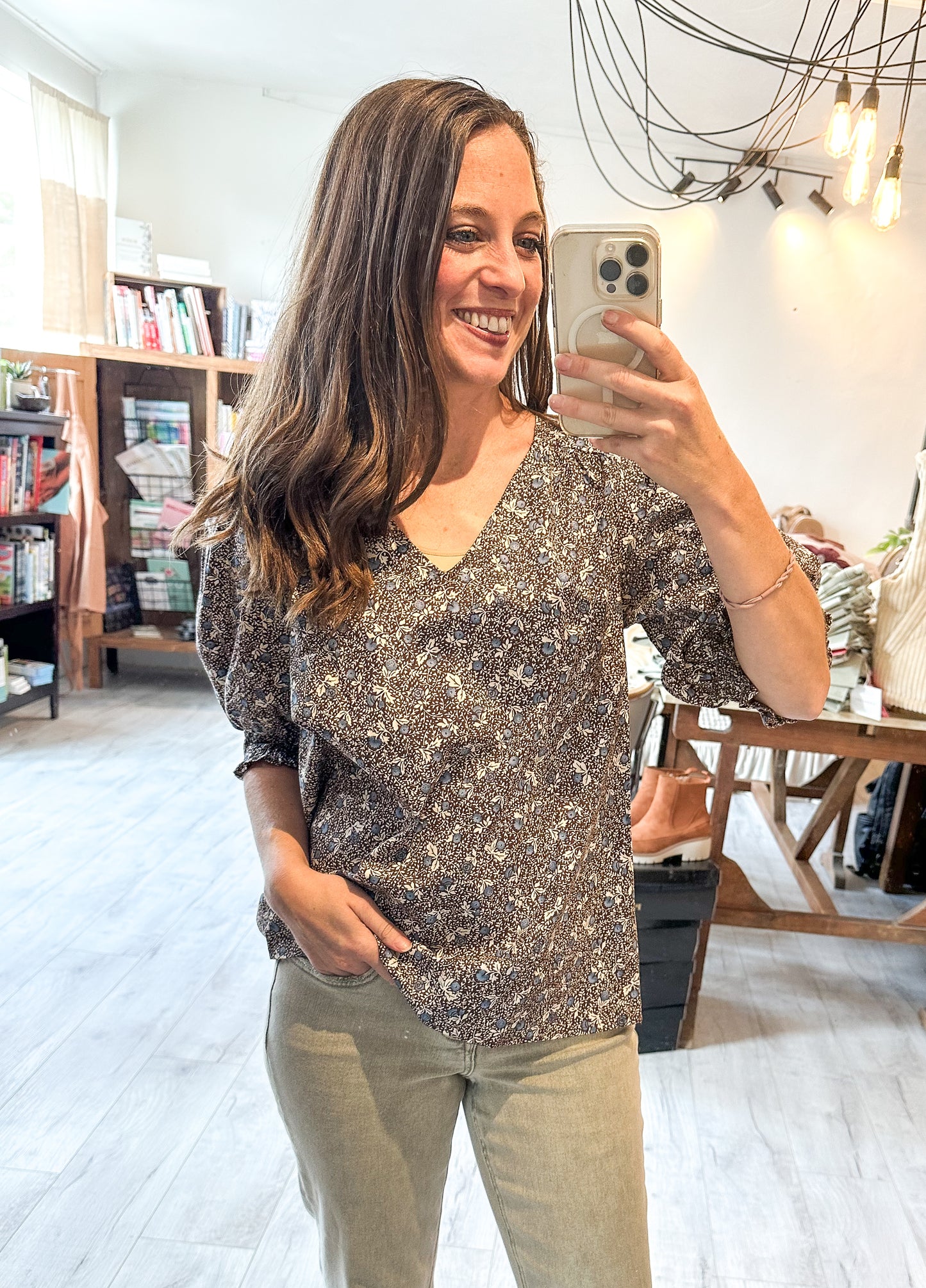 V Neck Smocked Sleeve Blouse in Ash Mocha and Blue