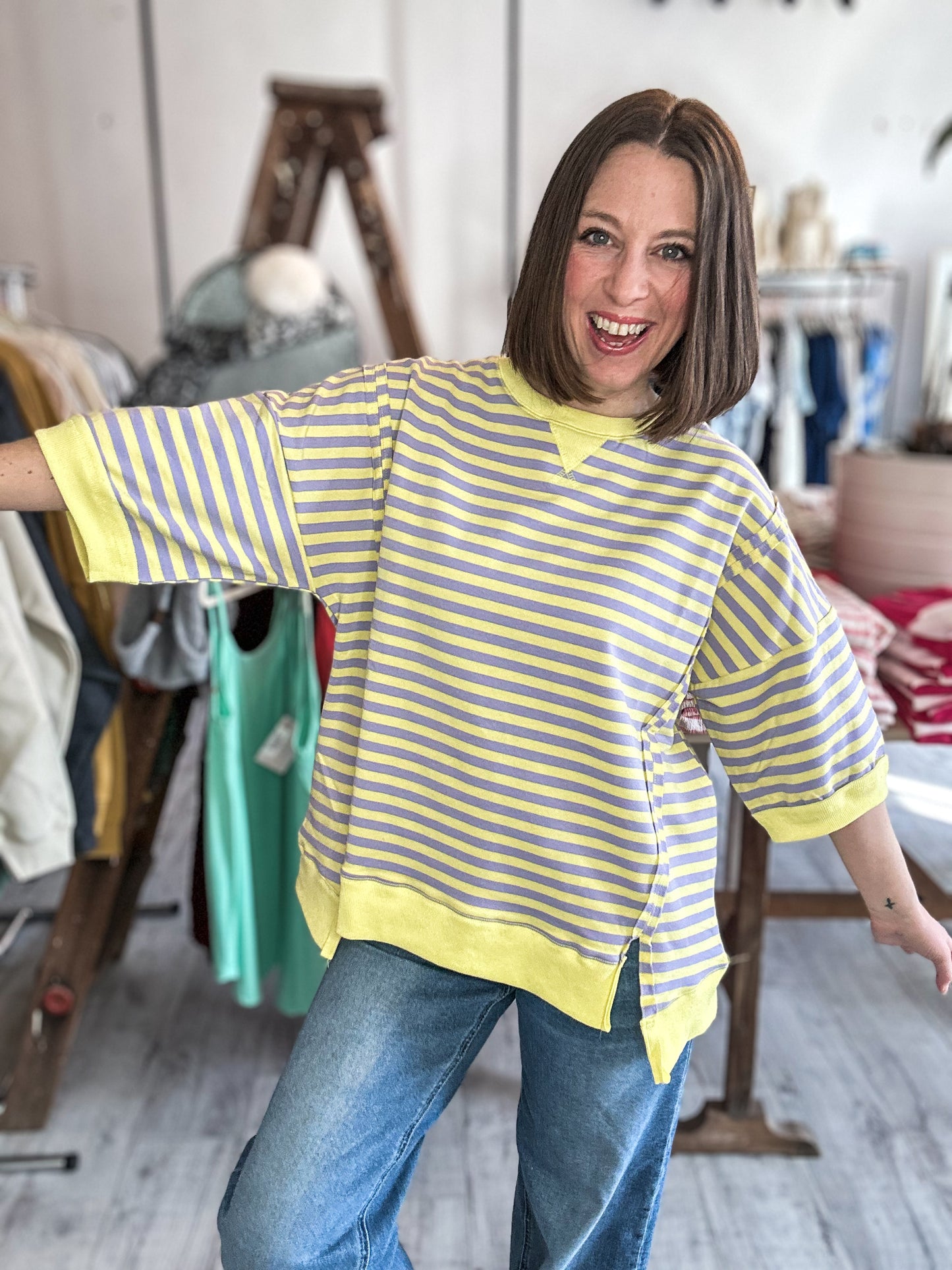 Oversized Stripe Casual Knit Top in Lavender & Lemon