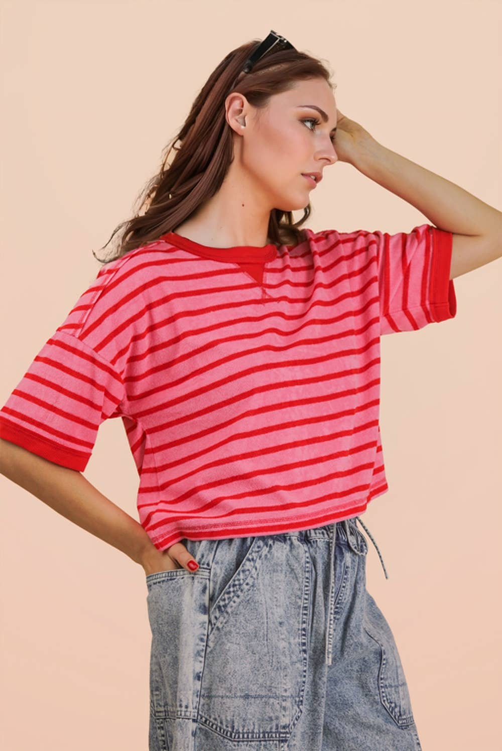 Oversized Stripe Casual Comfy Knit Top in Pink & Red