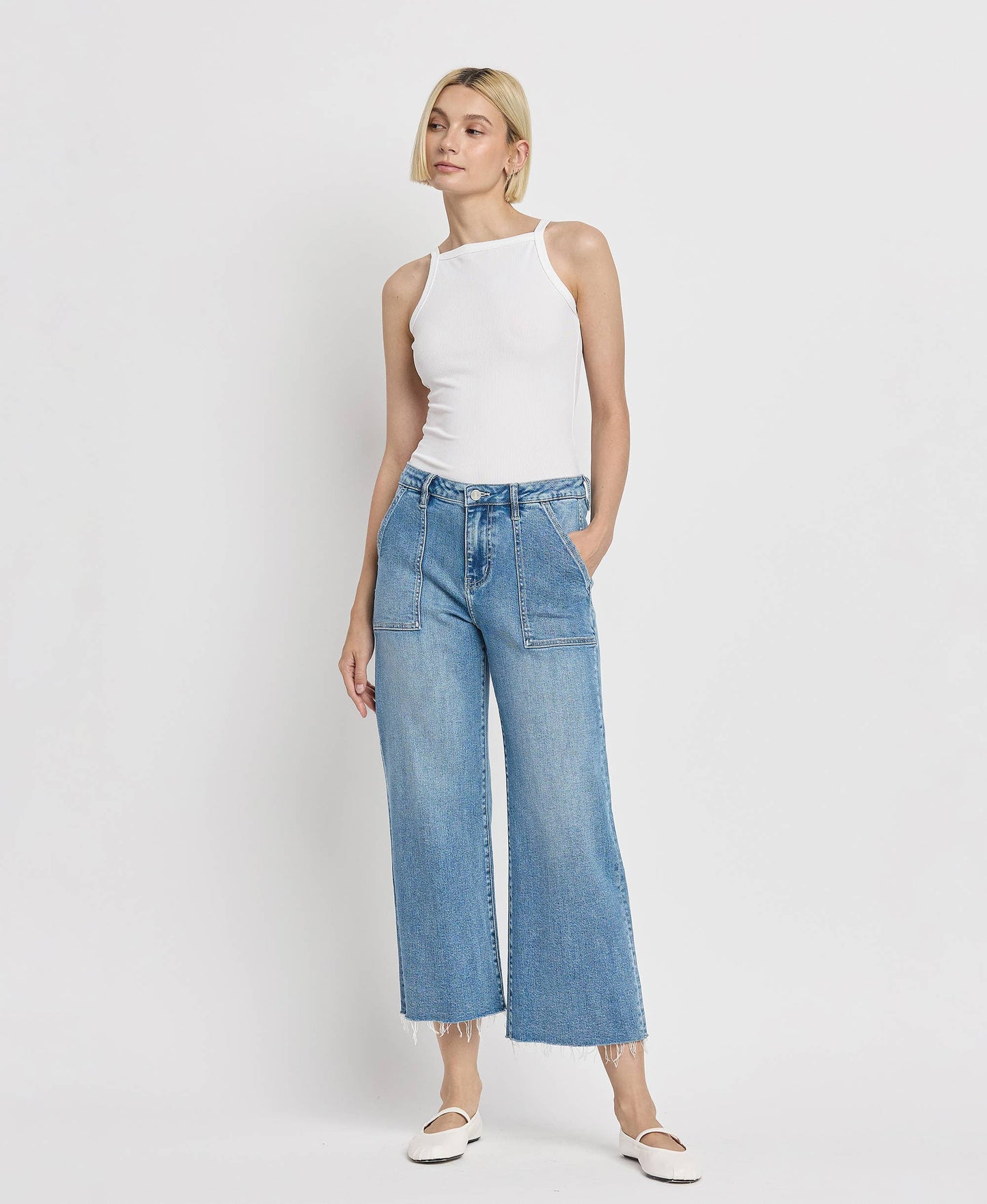High Rise Utility Wide Jean in Medium Wash