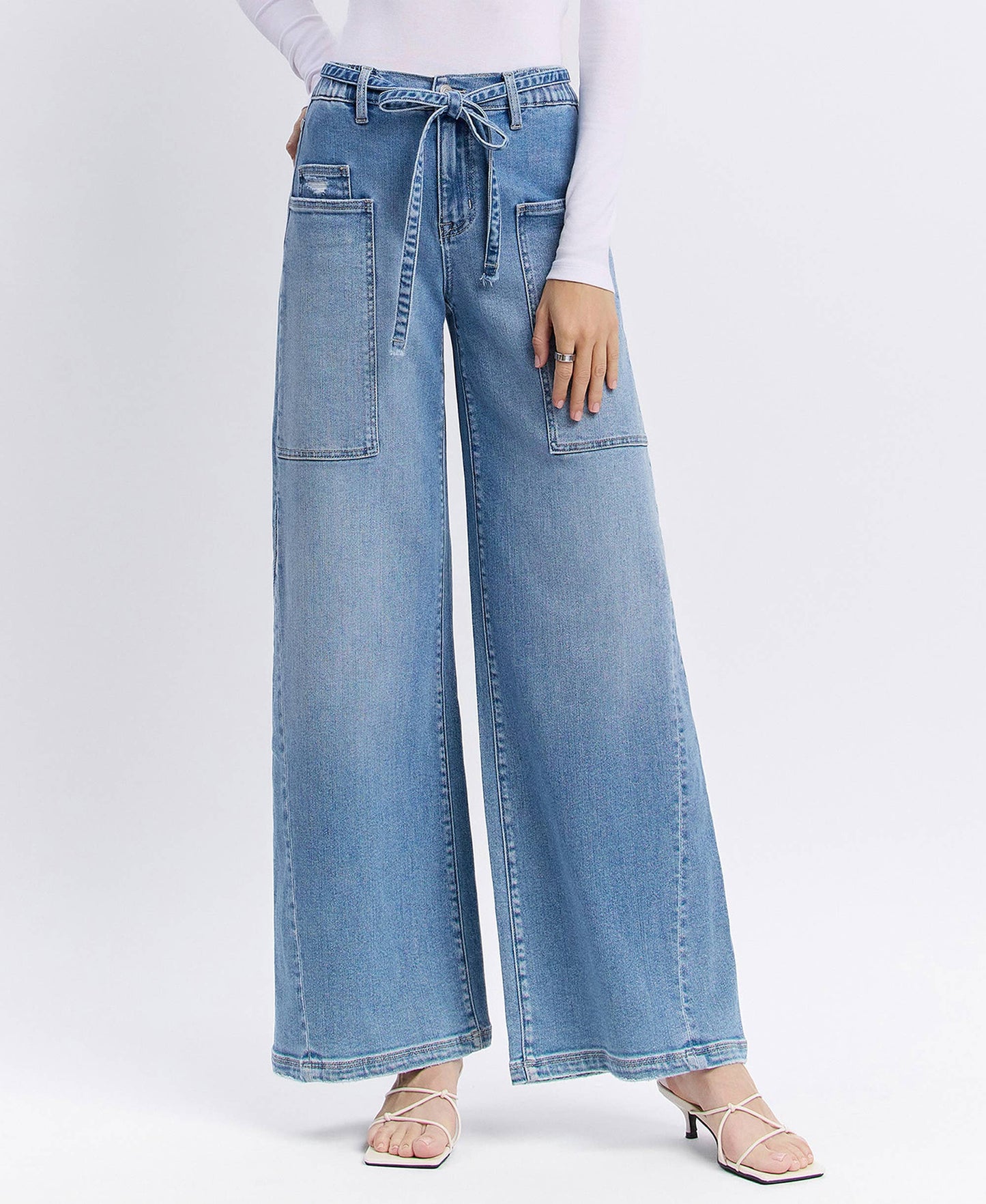 High Rise Elastic Tie Waistband Wide Denim by Flying Monkey