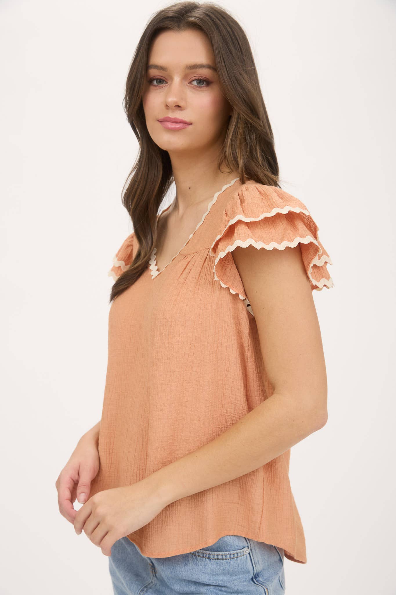 Wavy Trim Ruffle Sleeve Blouse in Dusty Peach