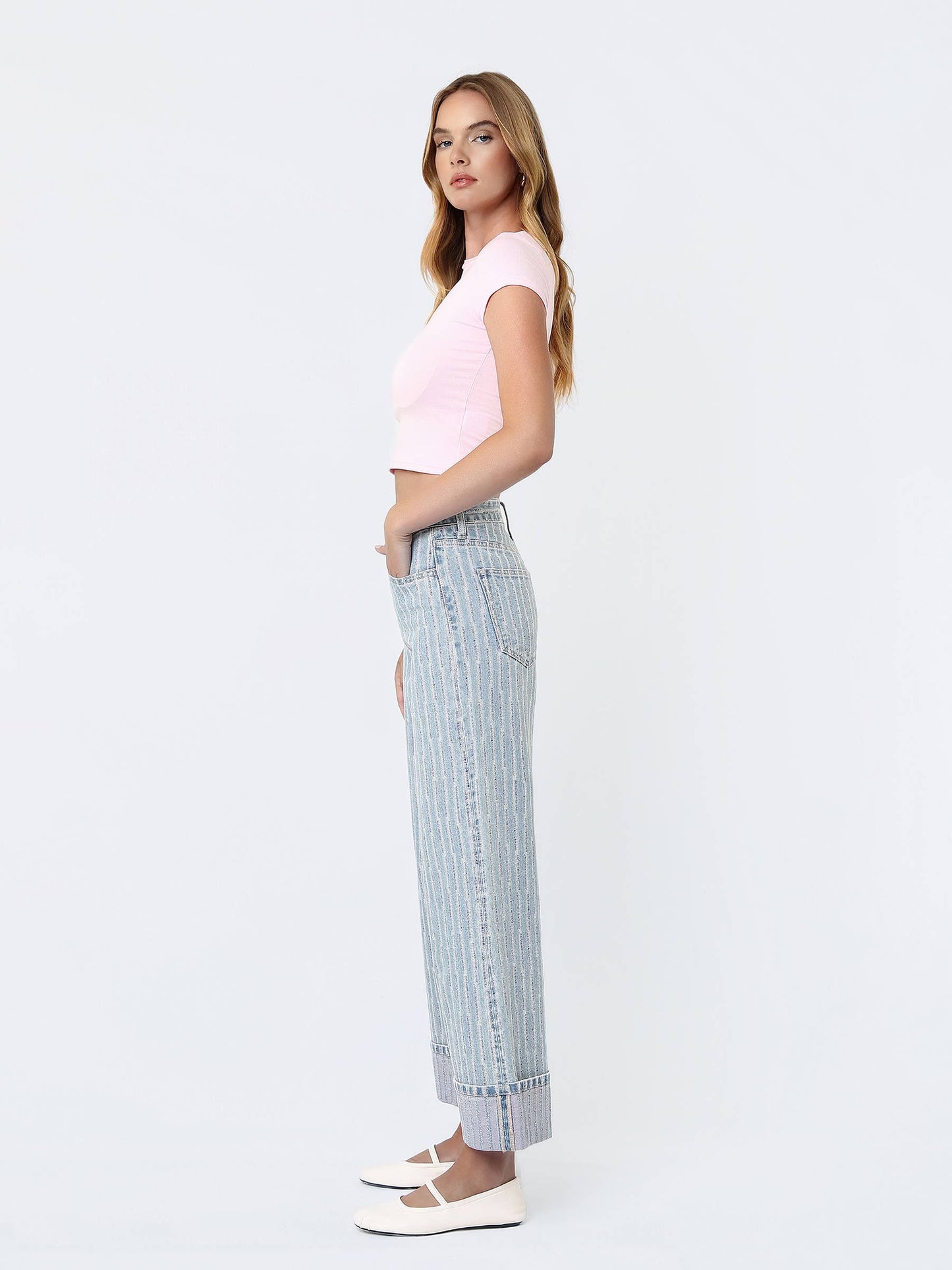 Super High Rise Cuffed Striped Wide Denim by Vervet