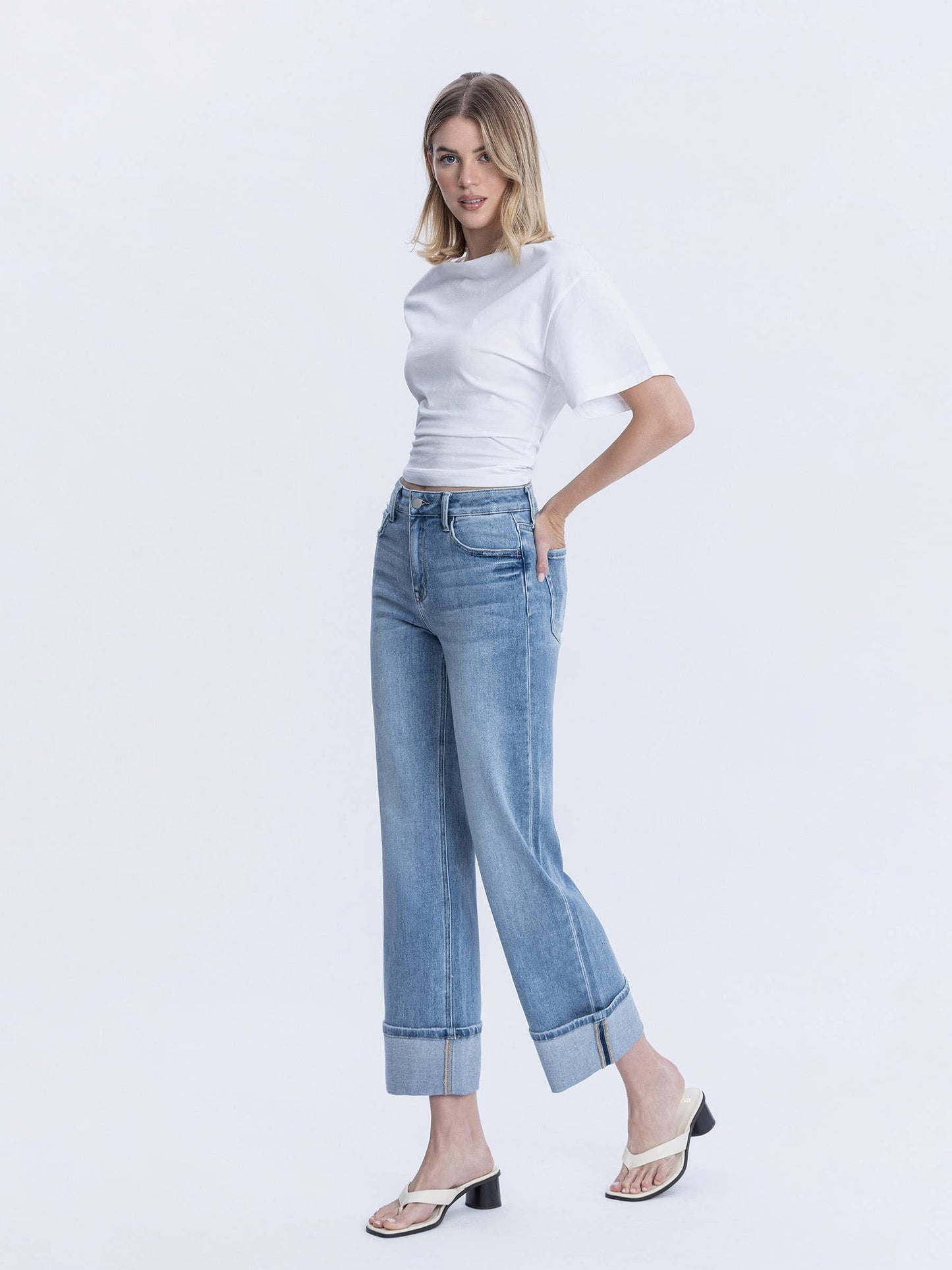 High Rise Medium Light Wash Cuffed Slim Wide Leg by Flying Monkey