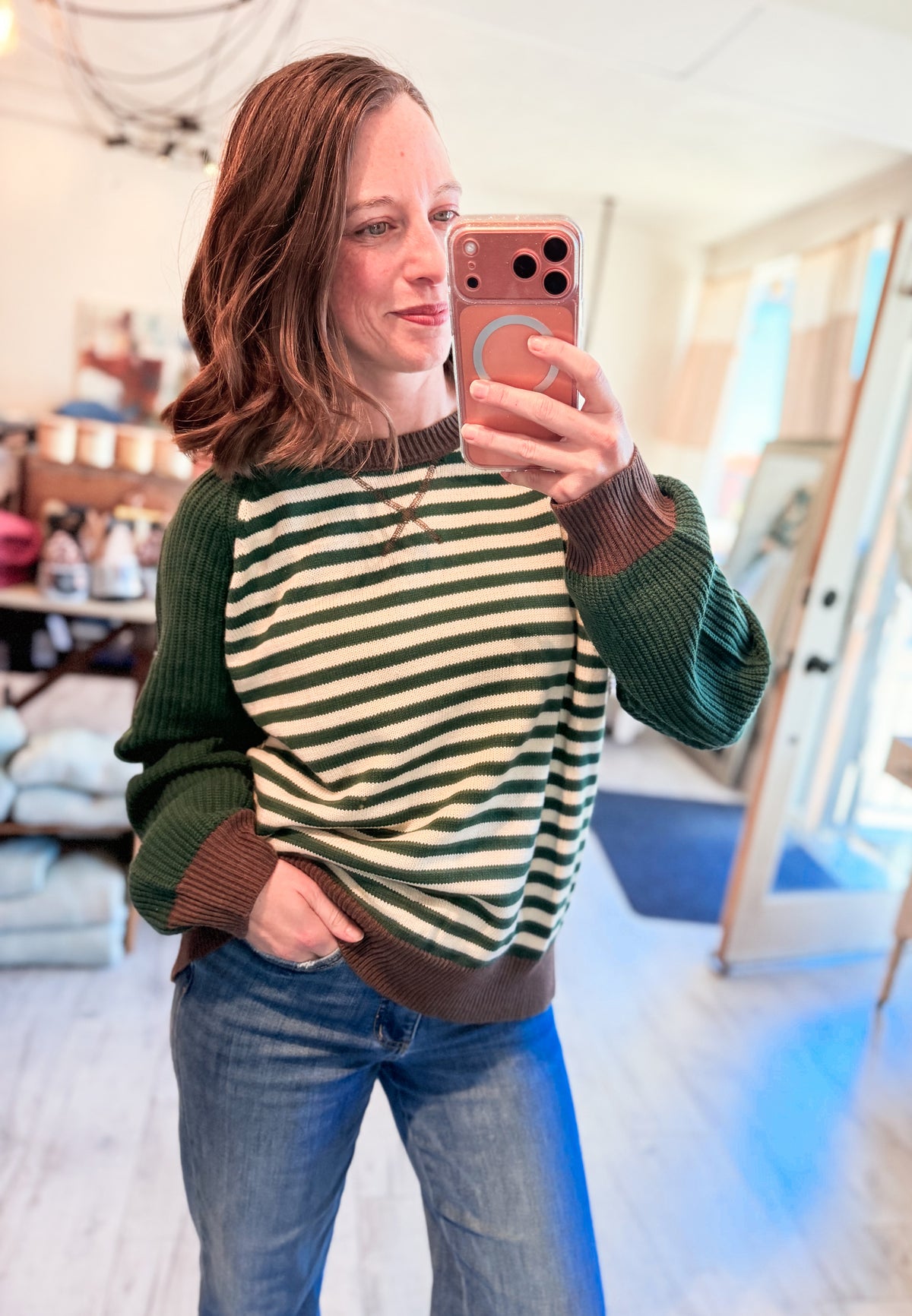 STRIPED COLORBLOCK RAGLAN LONG SLEEVE CREW SWEATER