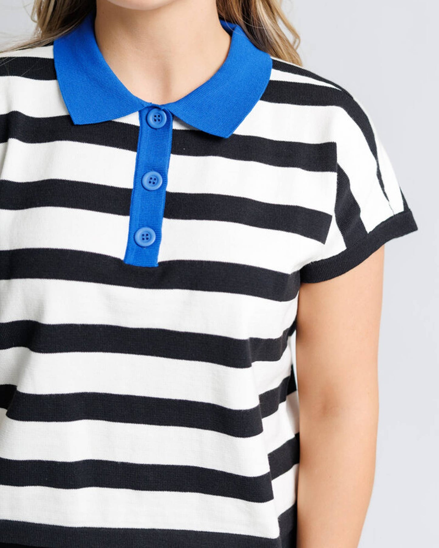 Promenade Black and White Striped Sweater Polo Pullover