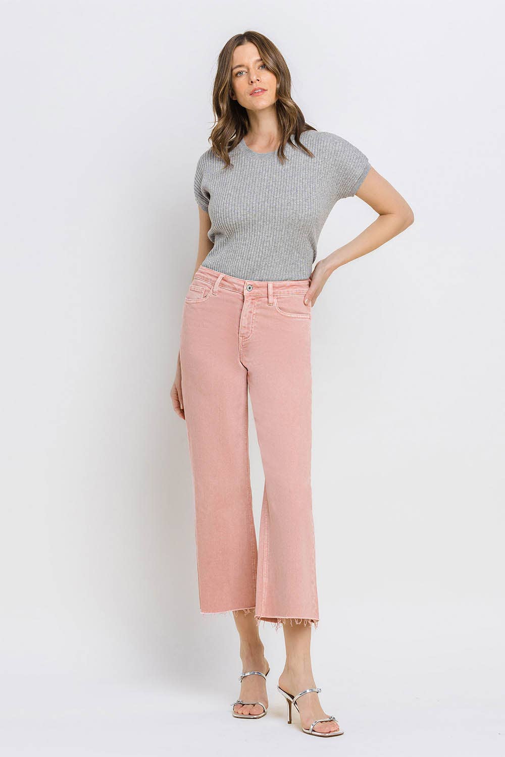 High Rise Crop Wide Leg Denim in Silver Pink by Vervet