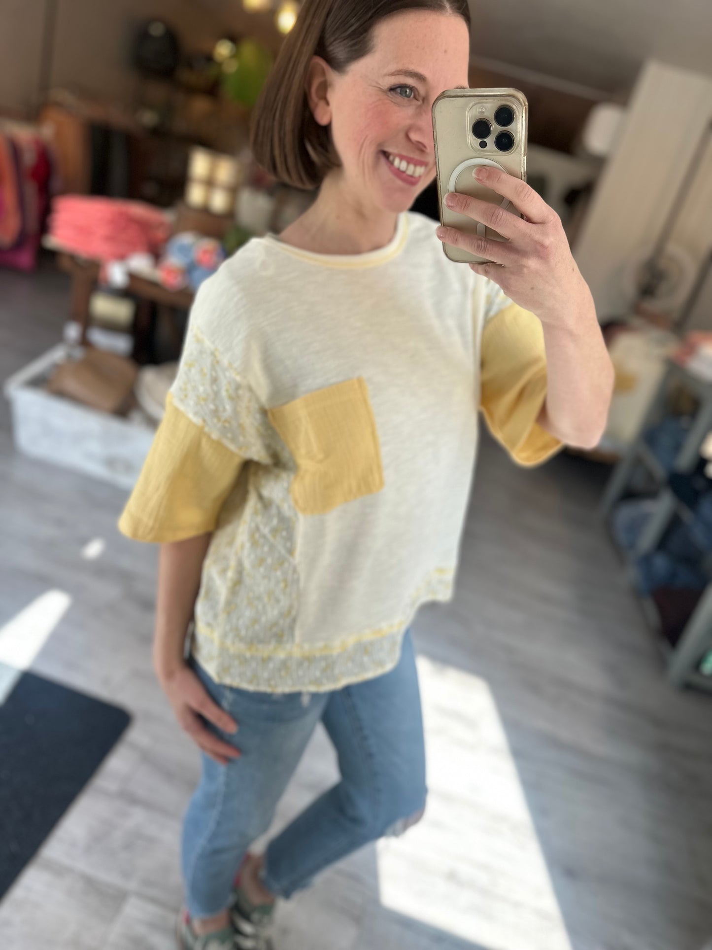 Oversized Mixed Media Knit Top in Light Lemon