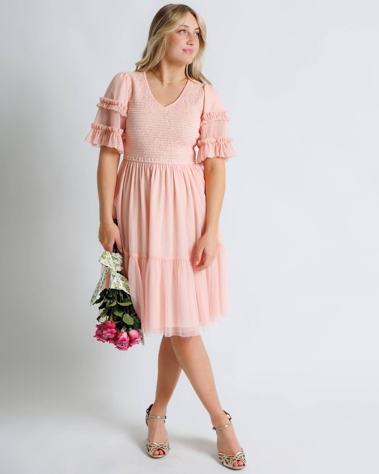True Romance Peach Half Sleeve Tulle Midi Dress