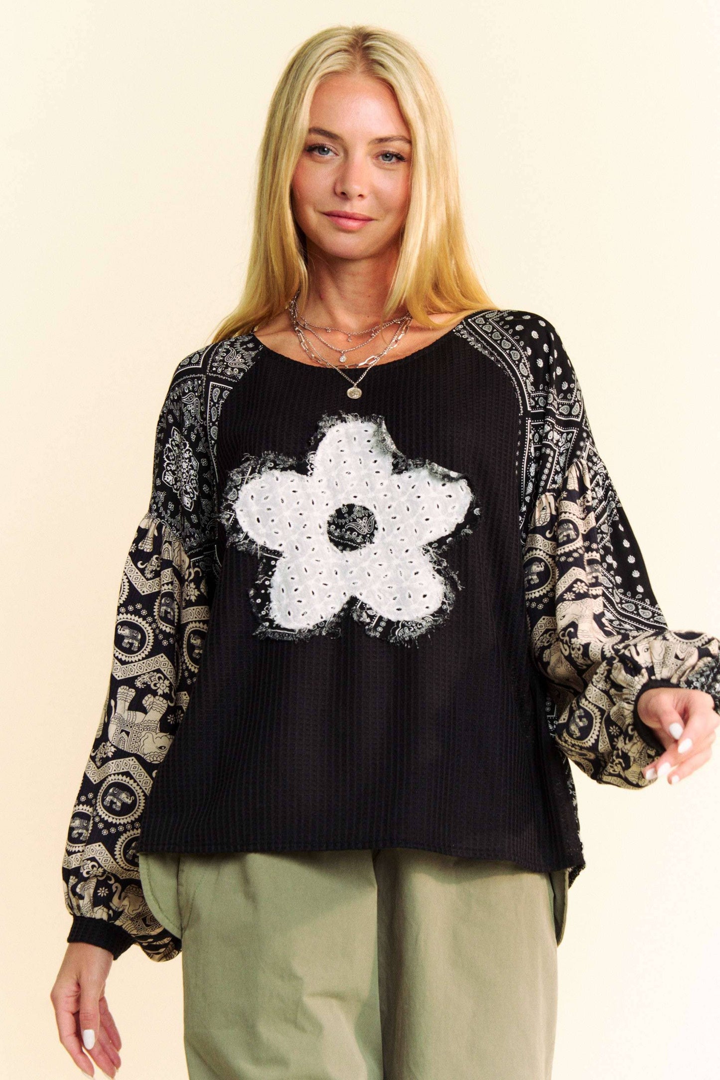 Boho Flower Patchwork Balloon Waffle Knit Top