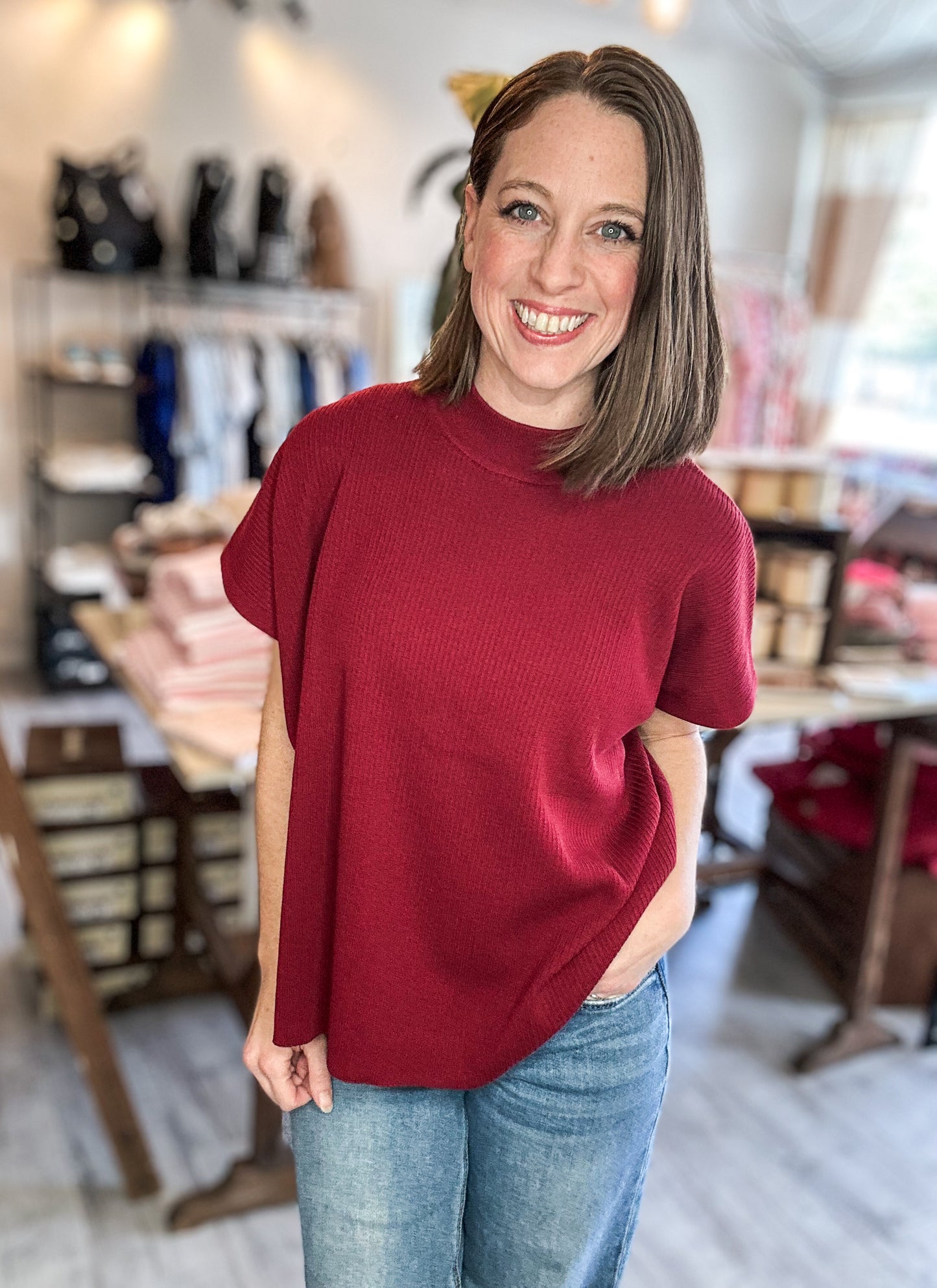 Mock Neck Short Sleeve Sweater in Cabernet