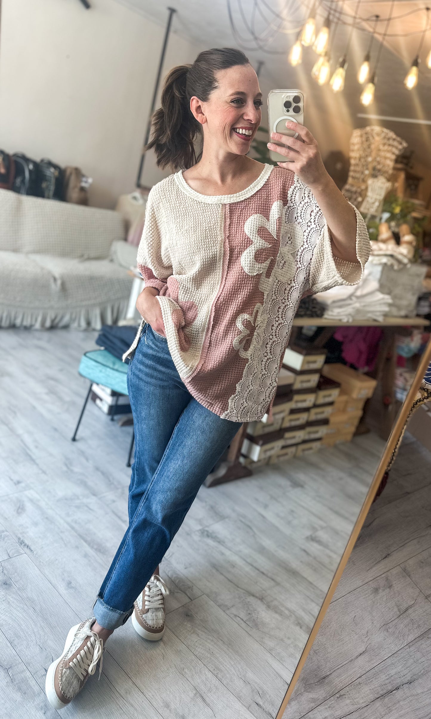 Patchwork Knit Pullover in Dusty Pink, Cream and Lace